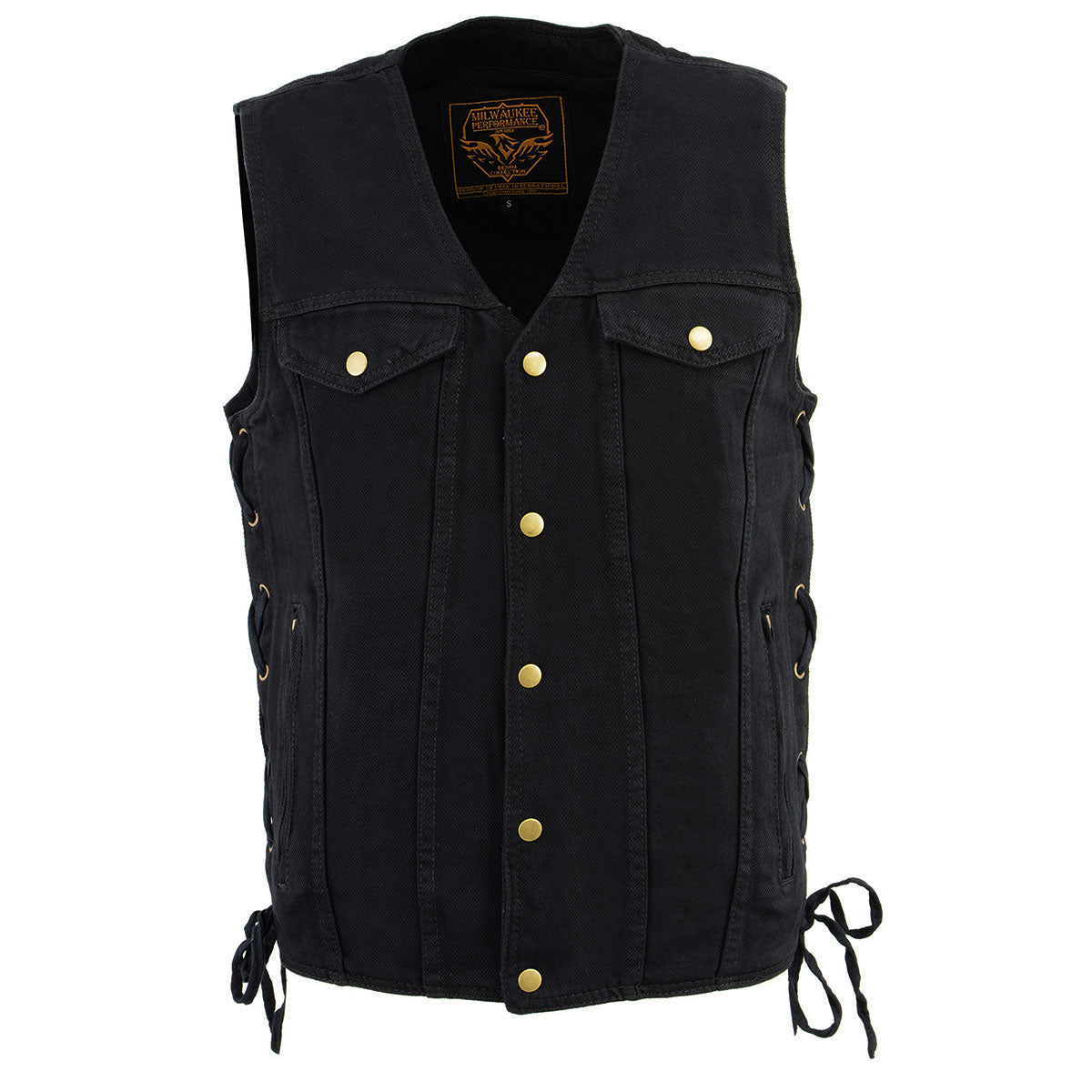 DM1360 Men's Classic Black Denim Motorcycle Biker Riders Vest w/ Adjustable Side Laces