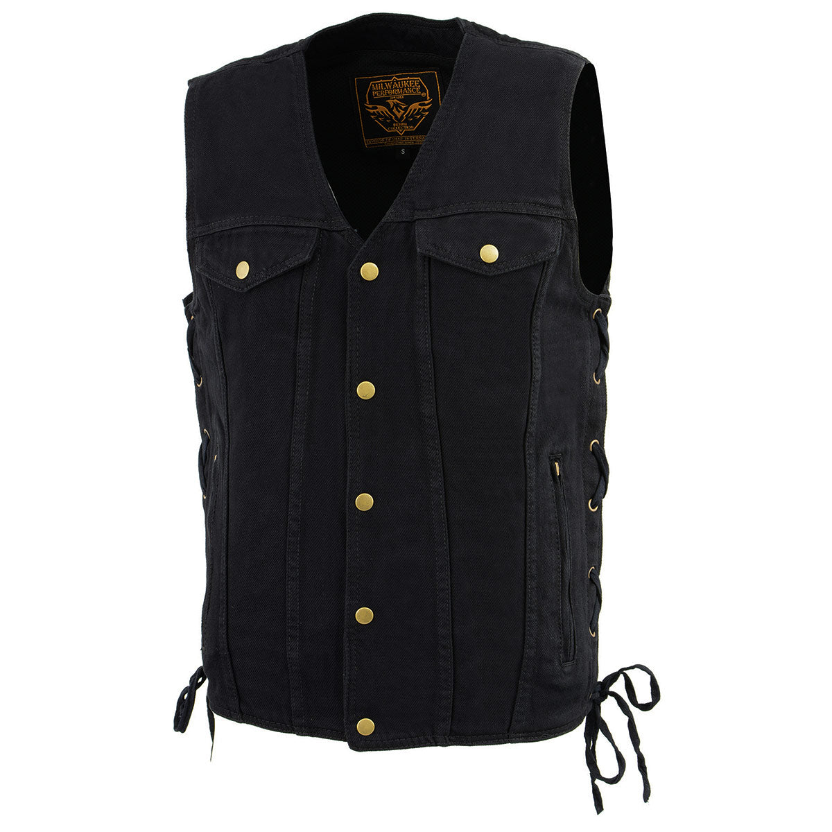 DM1360 Men's Classic Black Denim Motorcycle Biker Riders Vest w/ Adjustable Side Laces