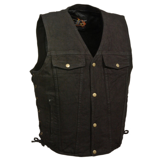 DM1360 Men's Classic Black Denim Motorcycle Biker Riders Vest w/ Adjustable Side Laces