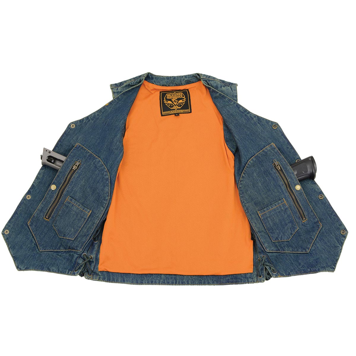 DM1989 Men's Blue Denim '10 Pocket' Motorcycle Bikers Rider Vest with Side Laces