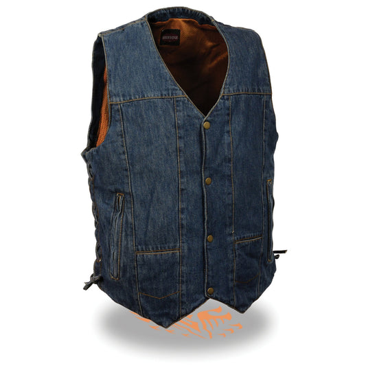 DM1989 Men's Blue Denim '10 Pocket' Motorcycle Bikers Rider Vest with Side Laces