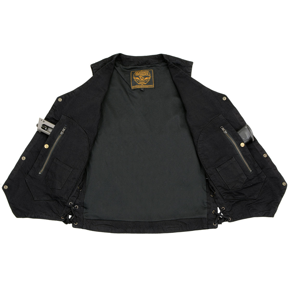 DM1990 Men's Black 10 Pocket Side Lace Denim Vest