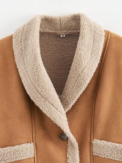Fuzzy Collared Neck Long Sleeve Jacket with Buttoned Closure and Cozy Pockets