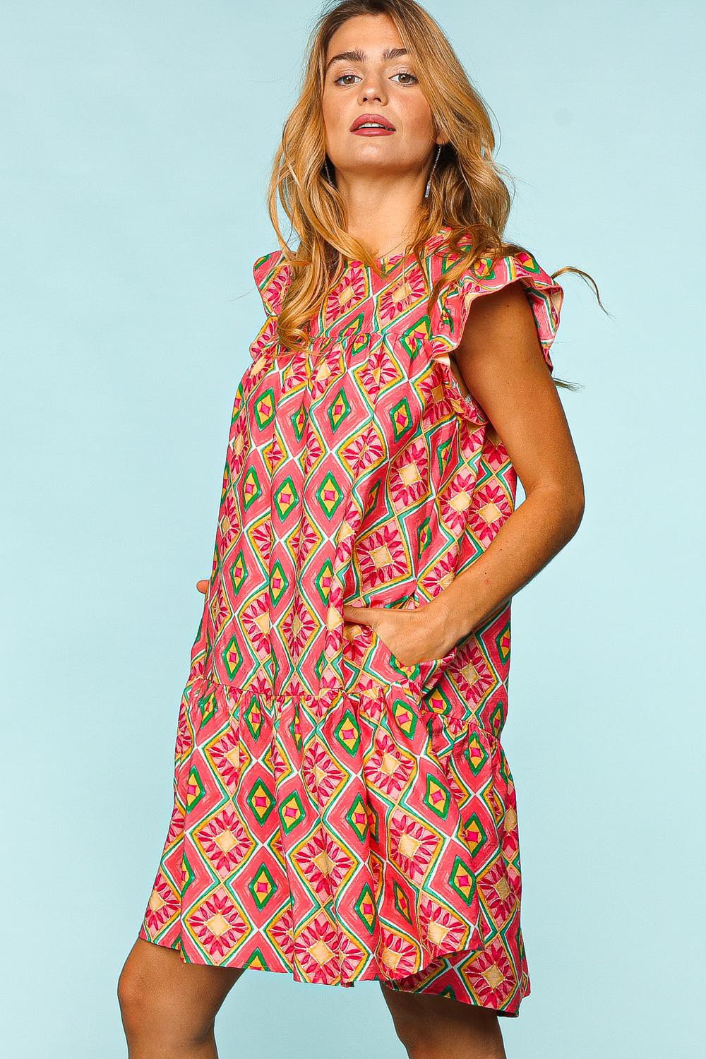 Full Size Ruffled Printed Dress with Side Pockets For Women – Trendy Ruffled Dress, Stylish Printed Dress, Pocketed Ruffled Dress, Casual Printed Dress, Functional Dress with Pockets, Flattering Ruffled Dress, Chic Printed Dress with Pockets