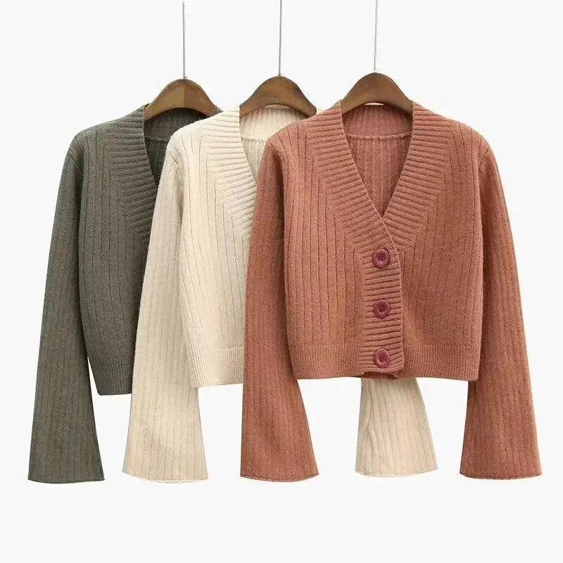 Elegance Cardigan Autumn Long Flare Sleeve Short Sweater Women Ribbed Knitted Cotton Tops Black White Ladies Soft Outwear Female