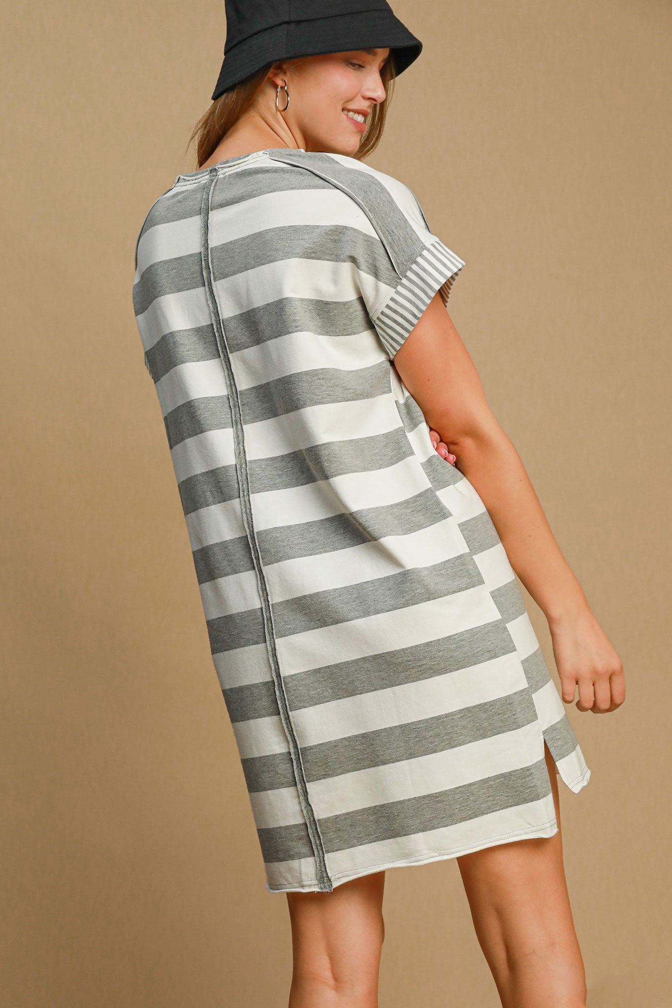 Peace Applique Striped Short Sleeve Mini Dress – Fun Peace Sign Applique, Chic Stripes, and High-Low Hem for Stylish Comfort