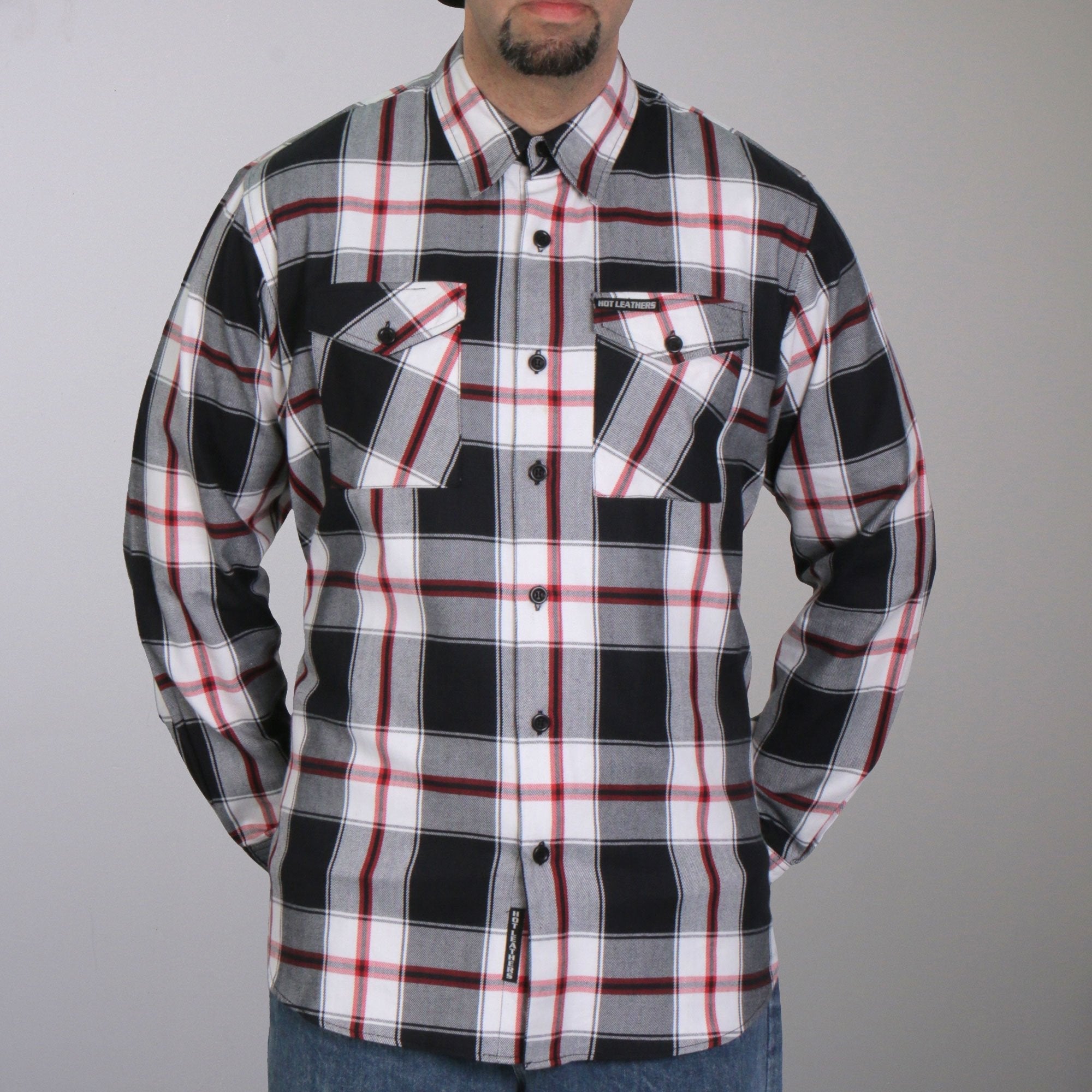 FLM2003 Mens Black White and Red Long Sleeve Flannel Shirt