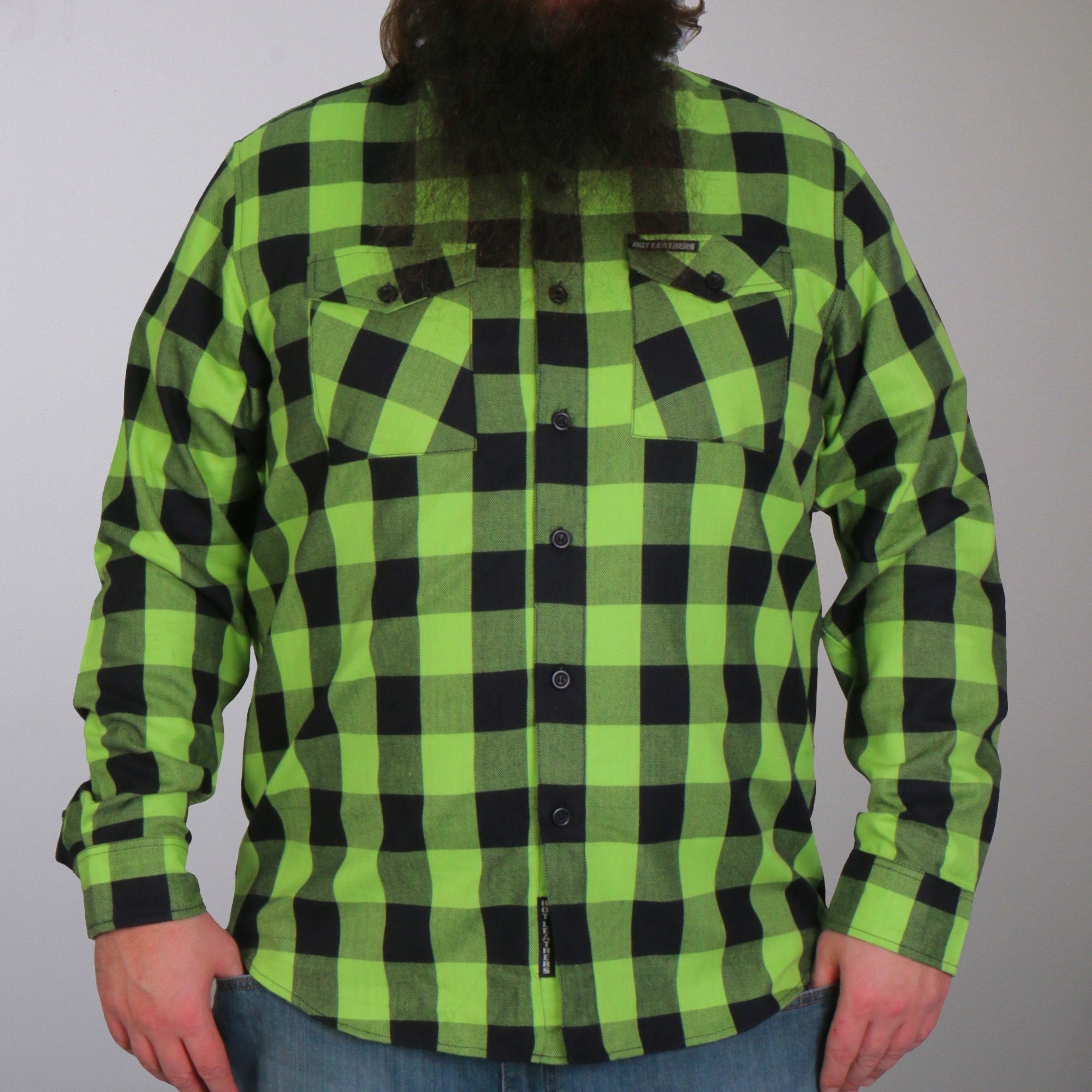 FLM2005 Mens Black and Green Long Sleeve Flannel Shirt