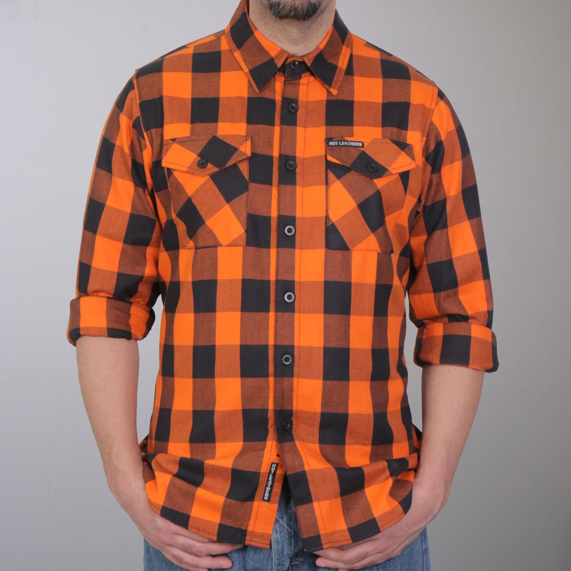 FLM2007 Mens Orange and Black Long Sleeve Flannel Shirt