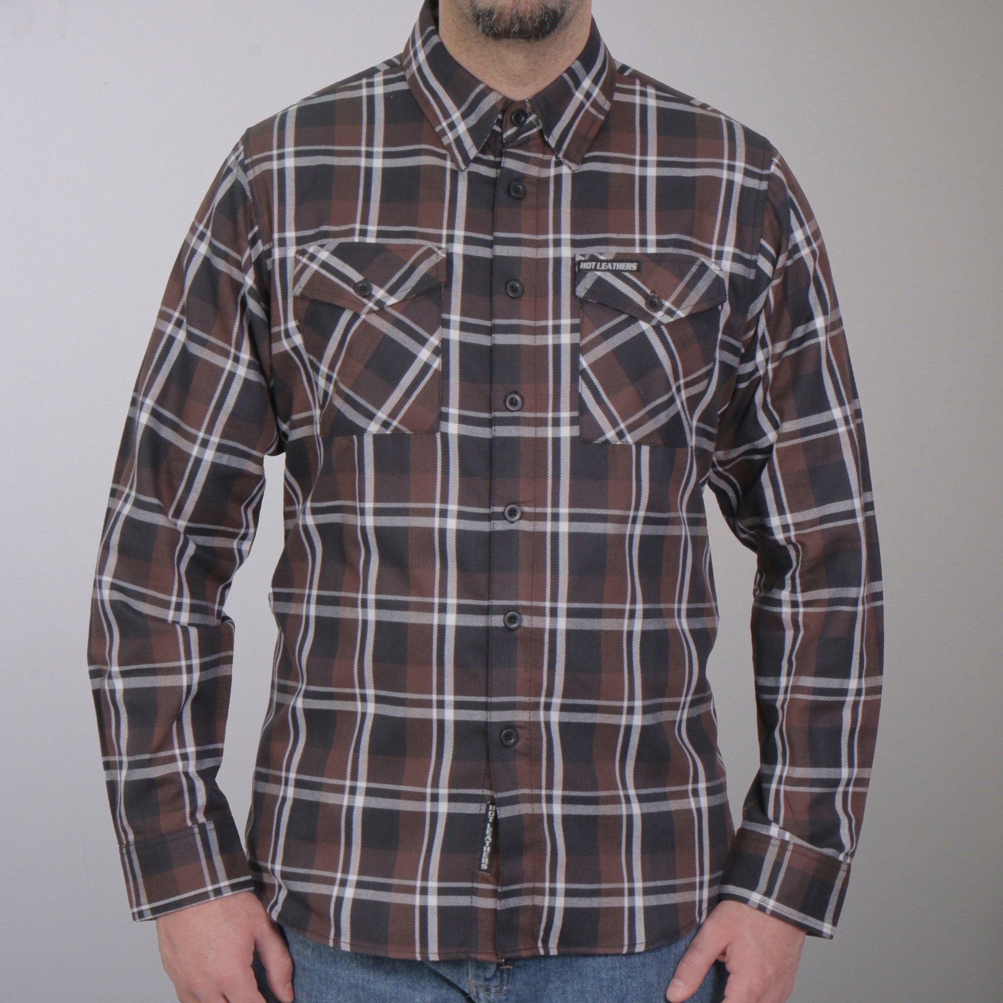 FLM2008 Mens Brown Black and White Long Sleeve Flannel Shirt