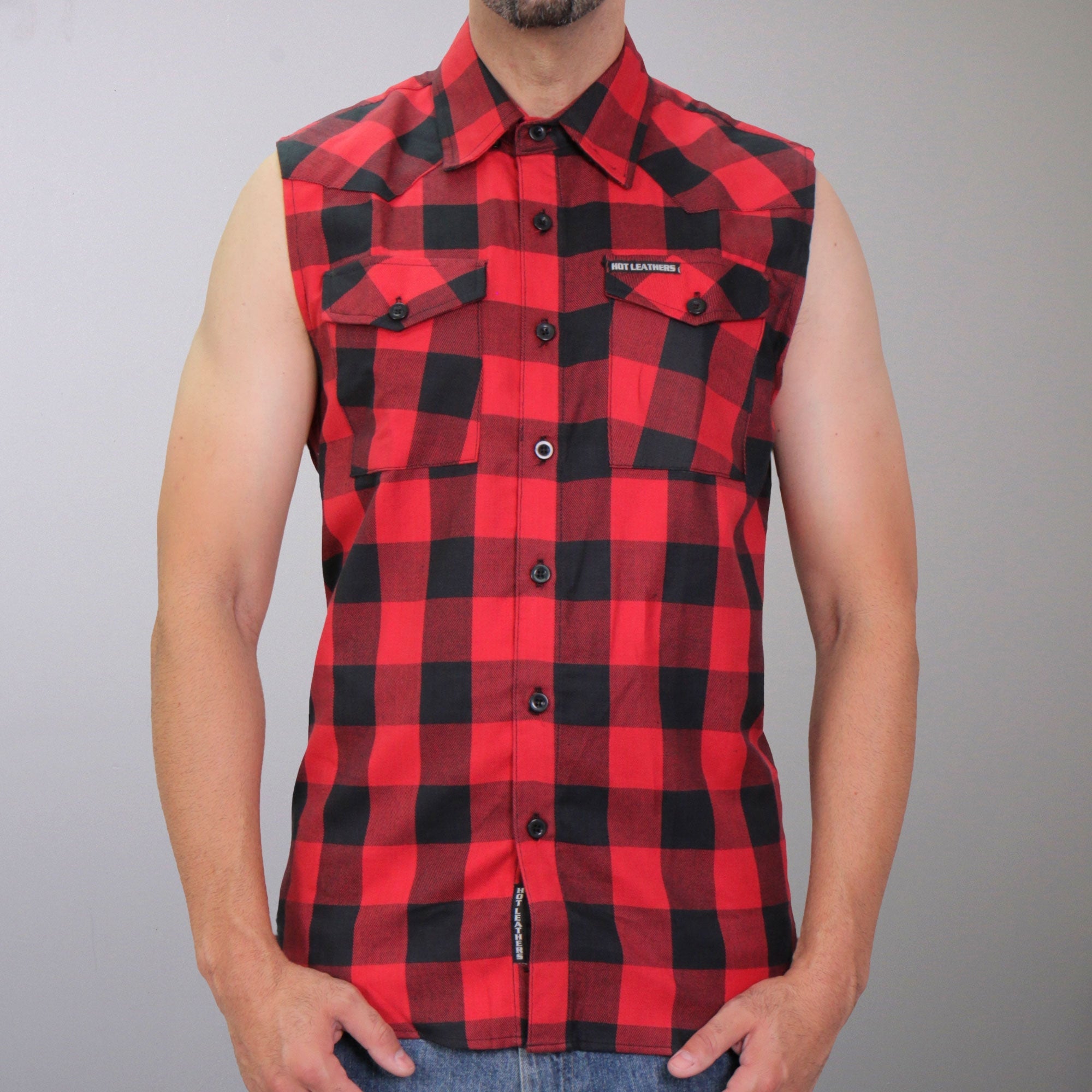 FLM5001 Men’s Black and Red Sleeveless Cotton Flannel Shirt