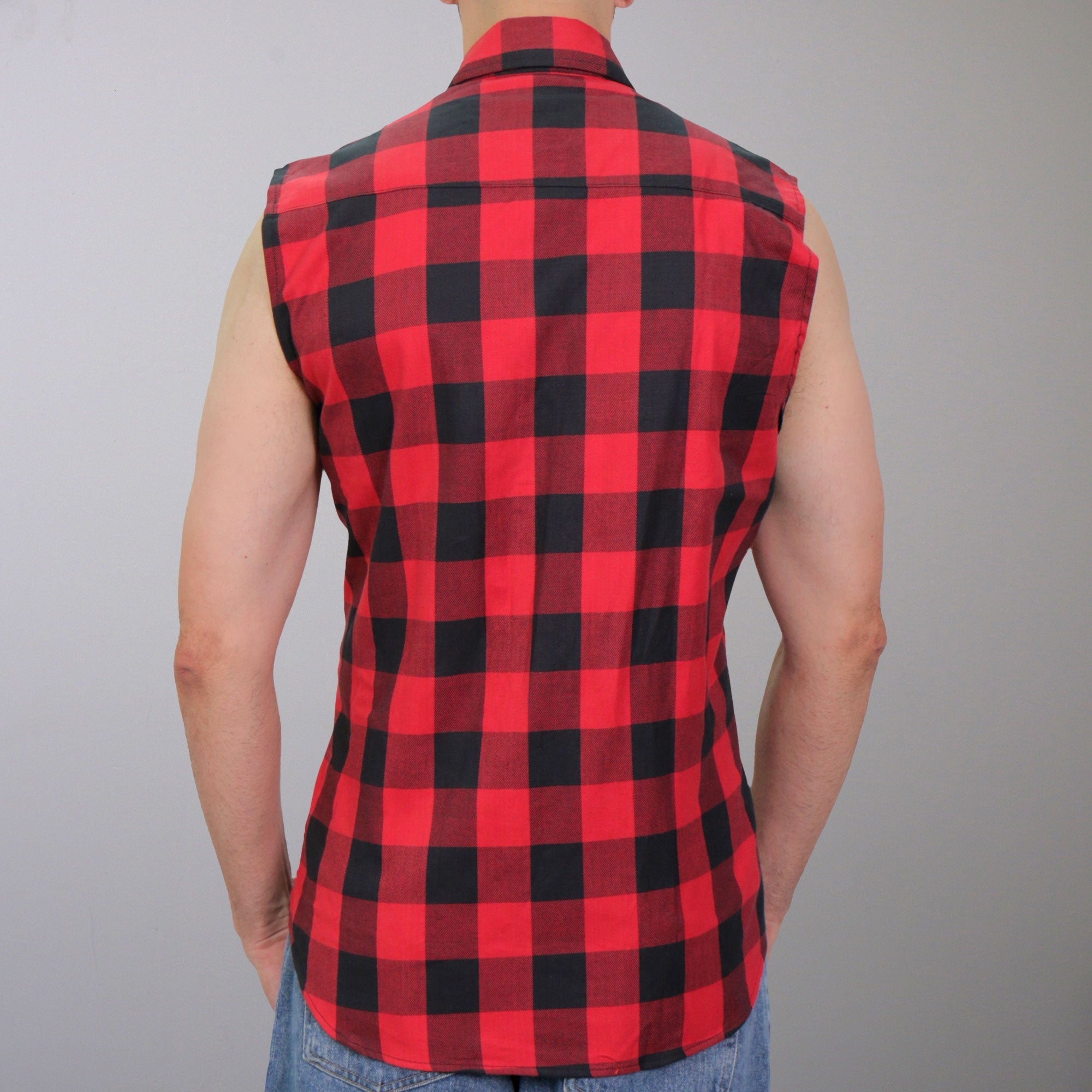 FLM5001 Men’s Black and Red Sleeveless Cotton Flannel Shirt