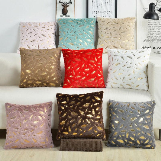 Fur Cushion Cover Pillowcases Solid Color White Gray Pink Red Black Decorative Christmas Throw Pillow Covers Plush Faux Fur With Gold Feathers Gilding Cushion Covers Cases Soft Fuzzy Cute Pillowcase For Couch Bed