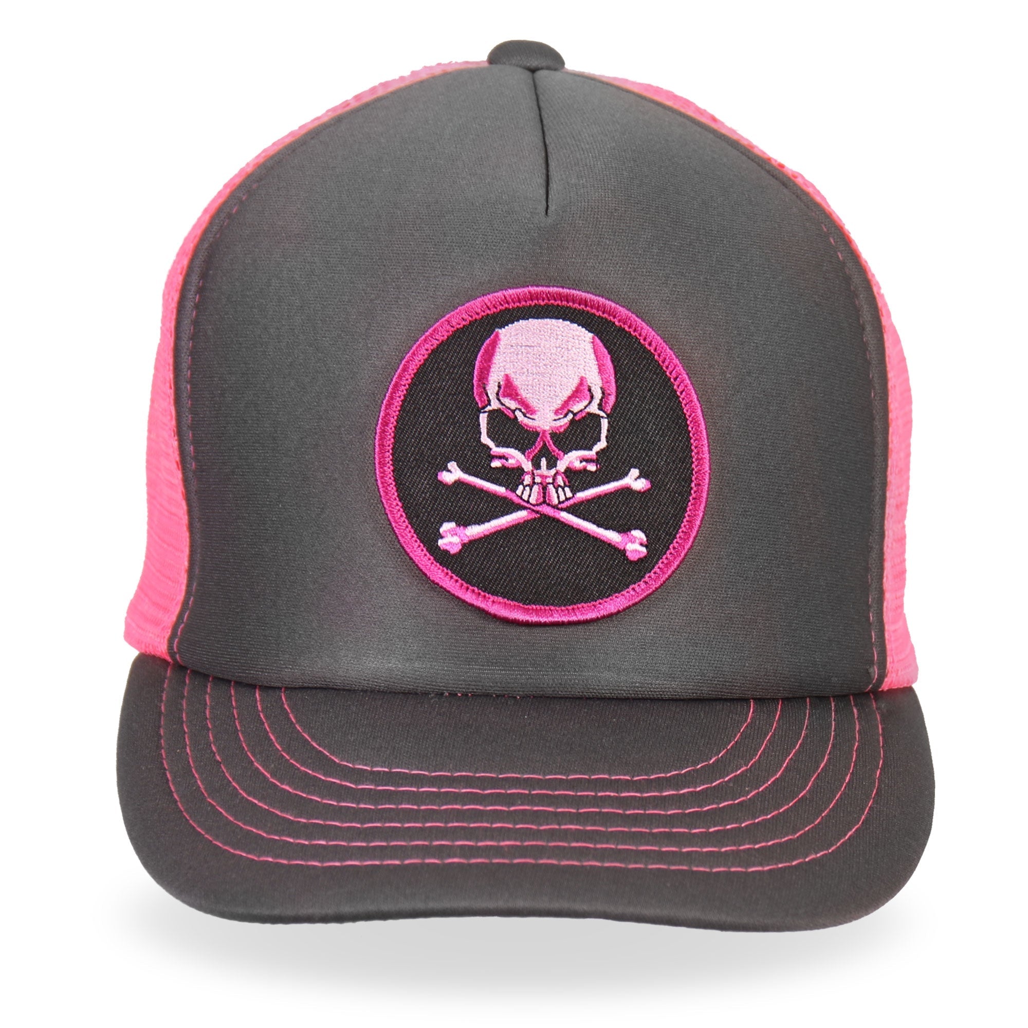 GSH1011 Skull and Crossbones Grey and Pink Trucker Hat