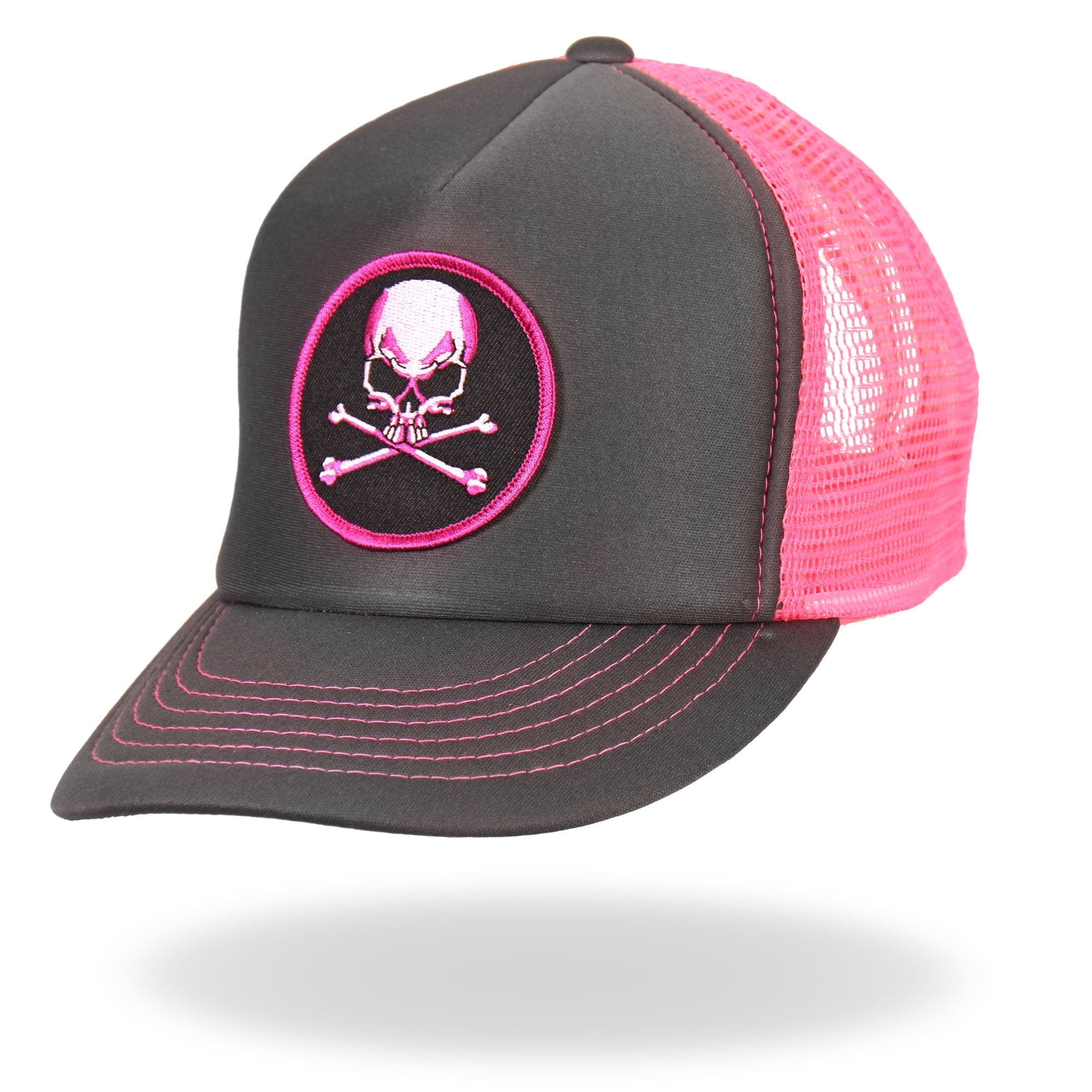 GSH1011 Skull and Crossbones Grey and Pink Trucker Hat