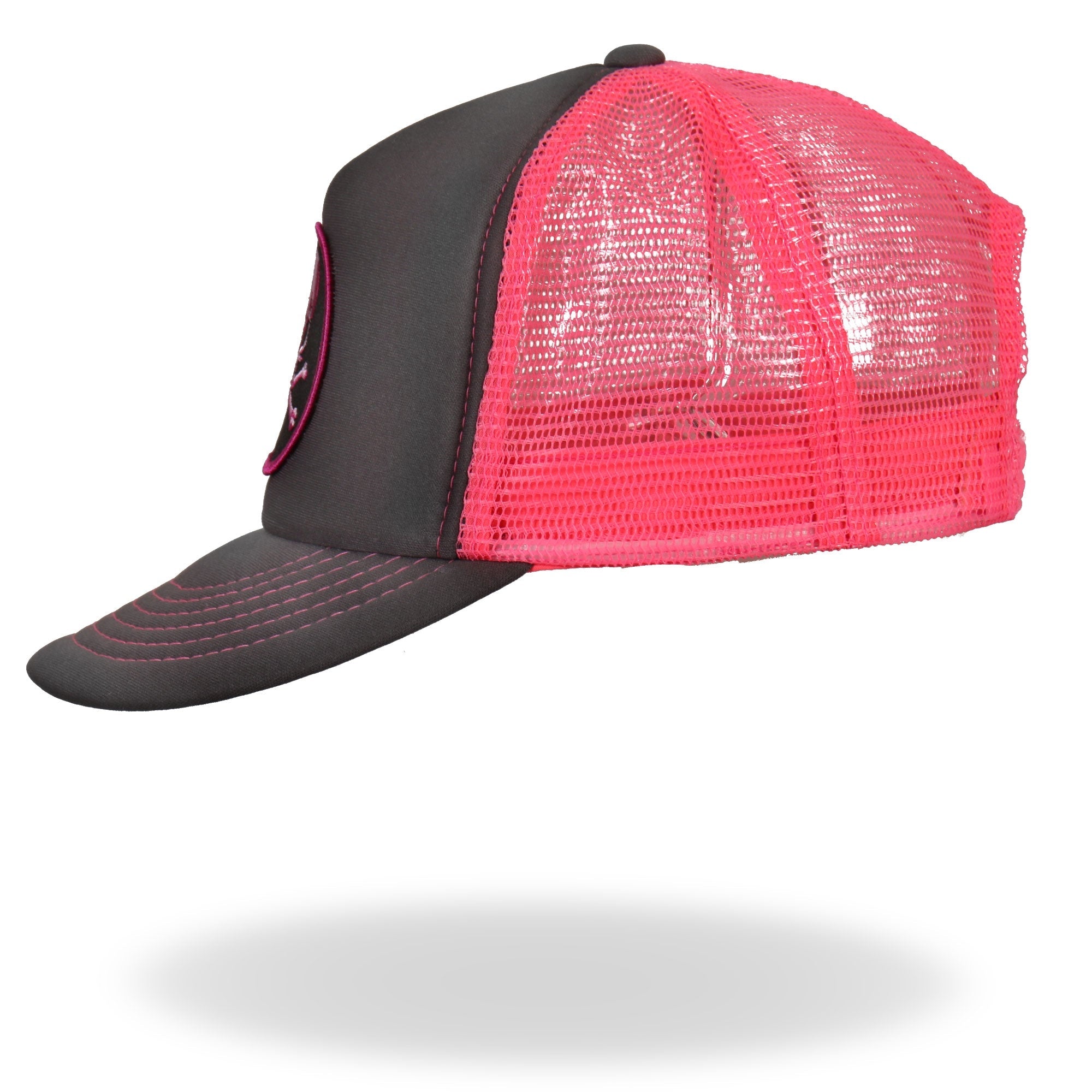 GSH1011 Skull and Crossbones Grey and Pink Trucker Hat