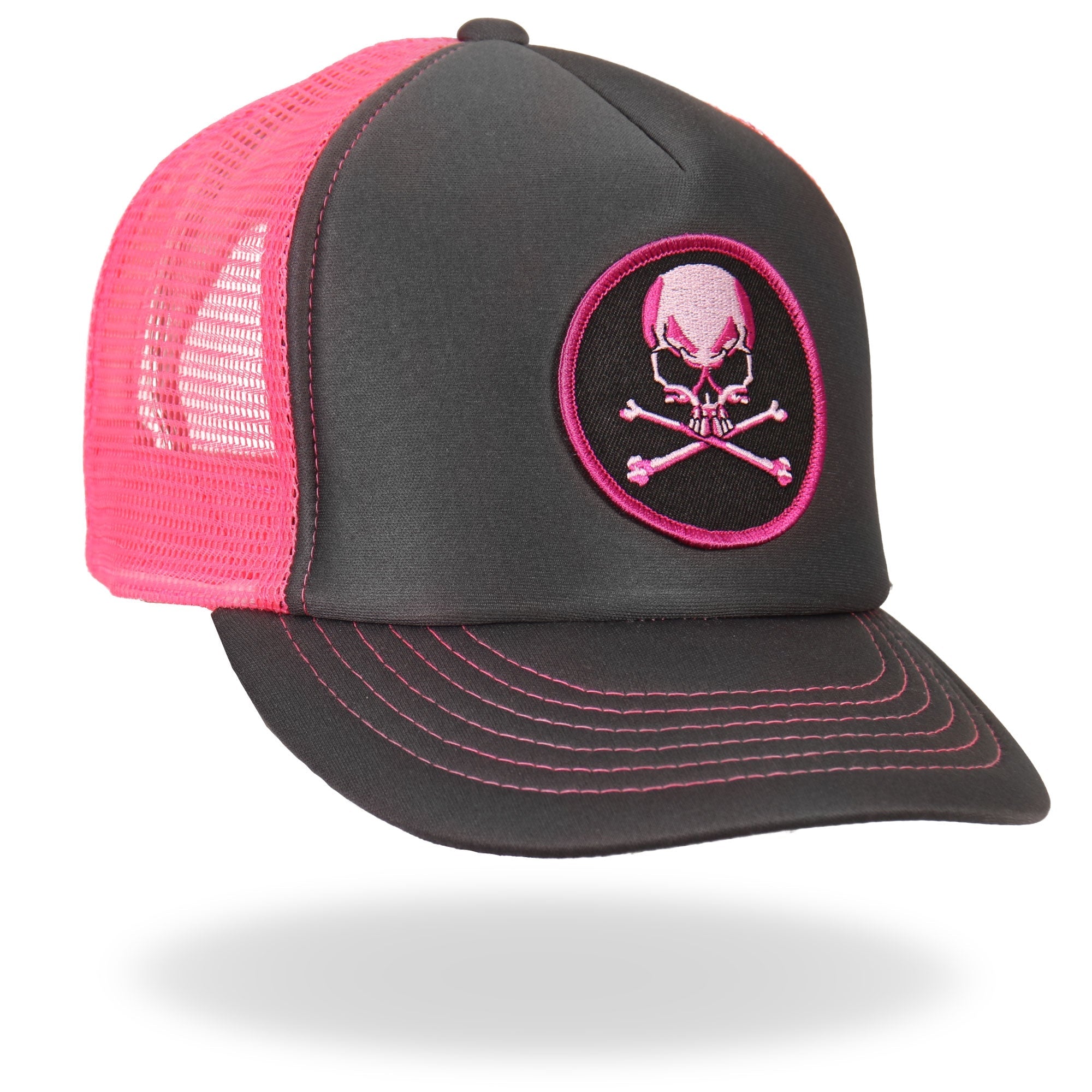 GSH1011 Skull and Crossbones Grey and Pink Trucker Hat
