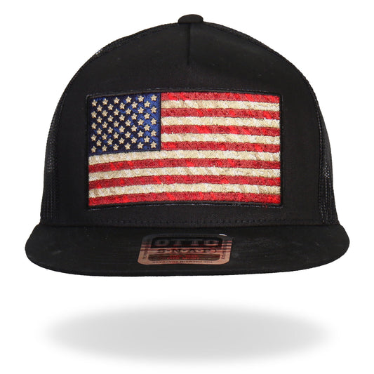 GSH2005 Vintage American Flag All Black Snap Back Hat