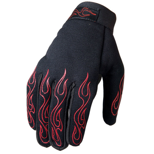 GVM2002 Uni-Sex Black 'Red Flames' Textile Mechanic Gloves