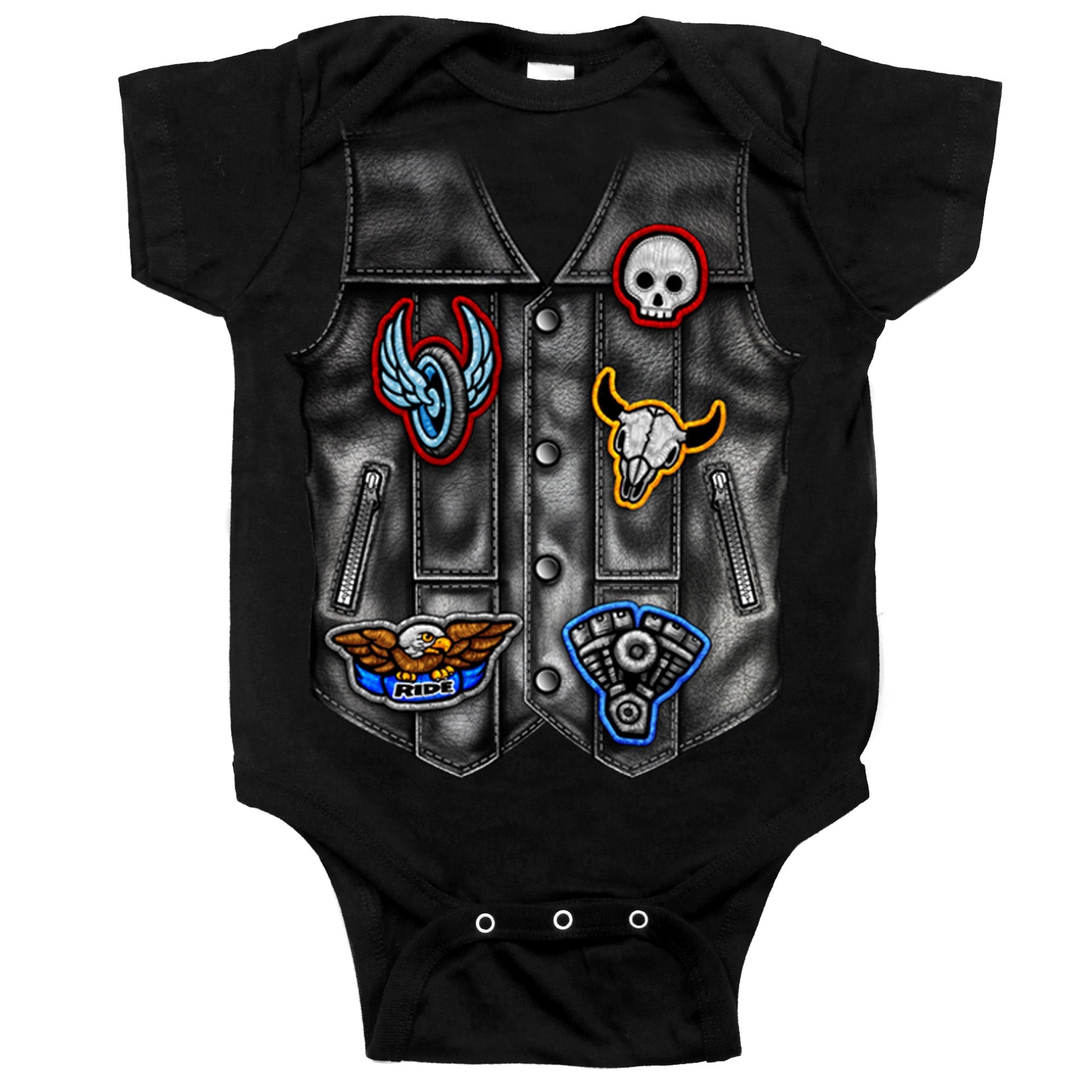 GYS1056 Black Bodysuit with Leather Vest Screen Print