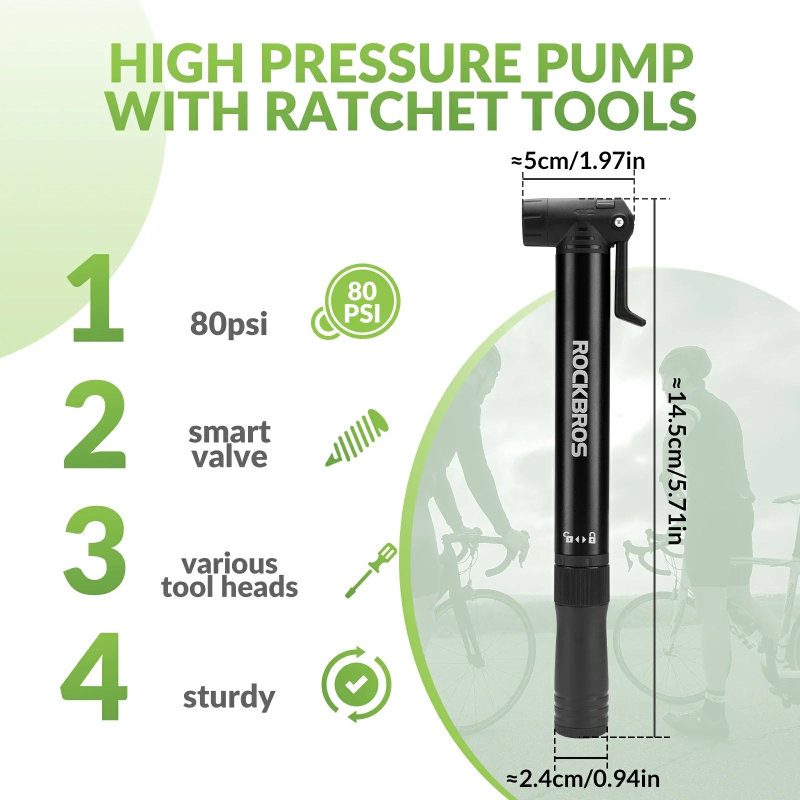 Mini Bike Pump with 8-in-1 Ratchet Tool 80 PSI