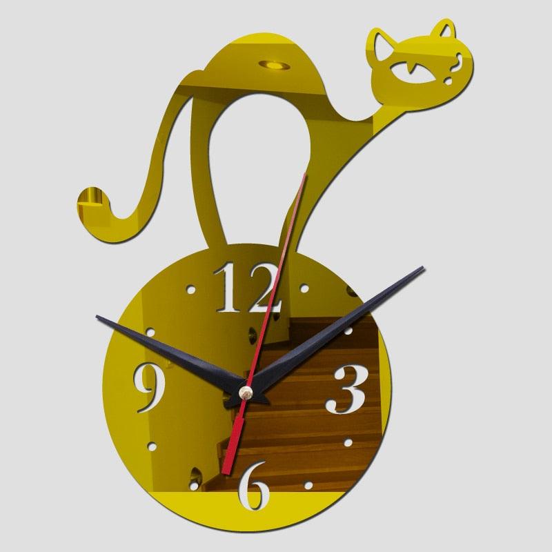 Home Decoration Wall Mirror 3D Hanging Clock Wall Murals Decal Sticker Acrylic Wallpaper for Unisex Teen Children Kid Boy Girl Classroom Gym Room Cartoon Cats Design Sticker Watch