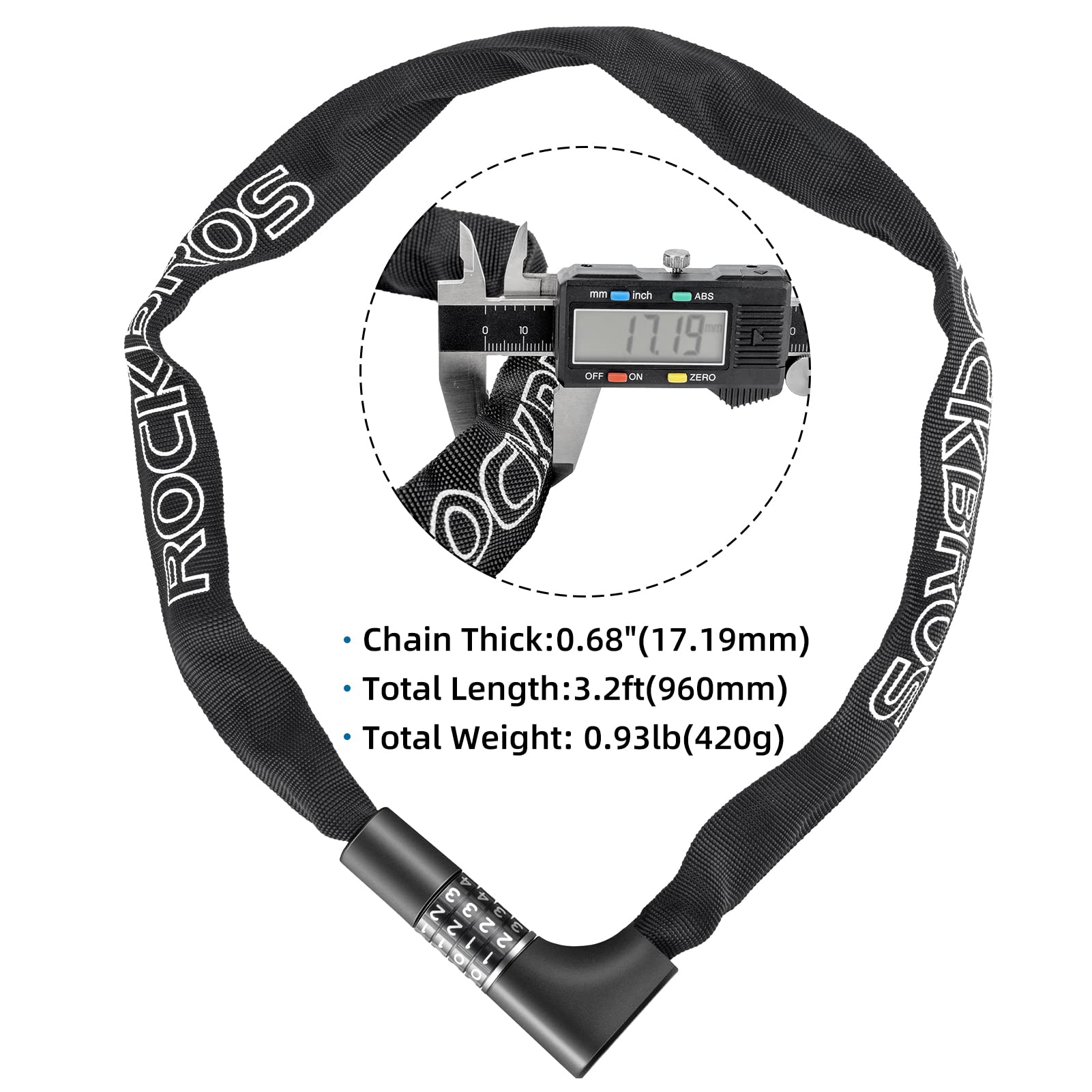 ROCKBROS 3.2FT Heavy Duty Bike Chain Lock Anti-Theft Security Lock Resettable Combination 2 Keys