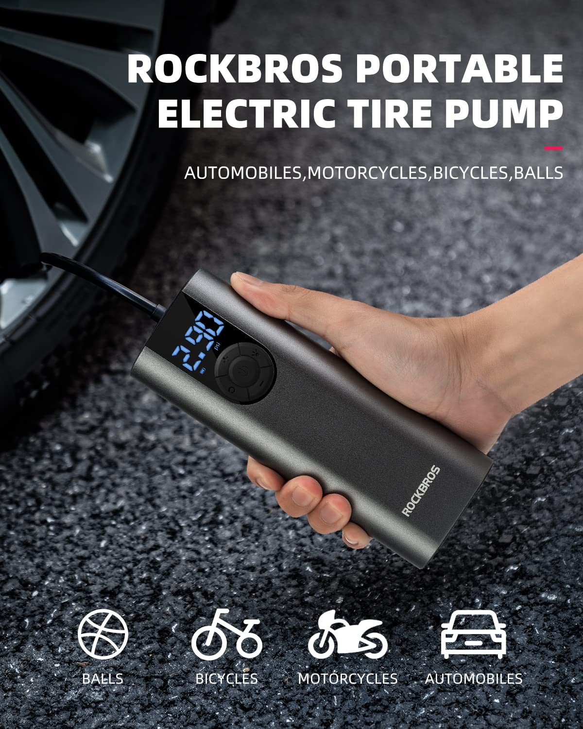 ROCKBROS A8 Electric Bike Pump 150 Psi Inflator Portable Air Compressor 2*2600 mAh