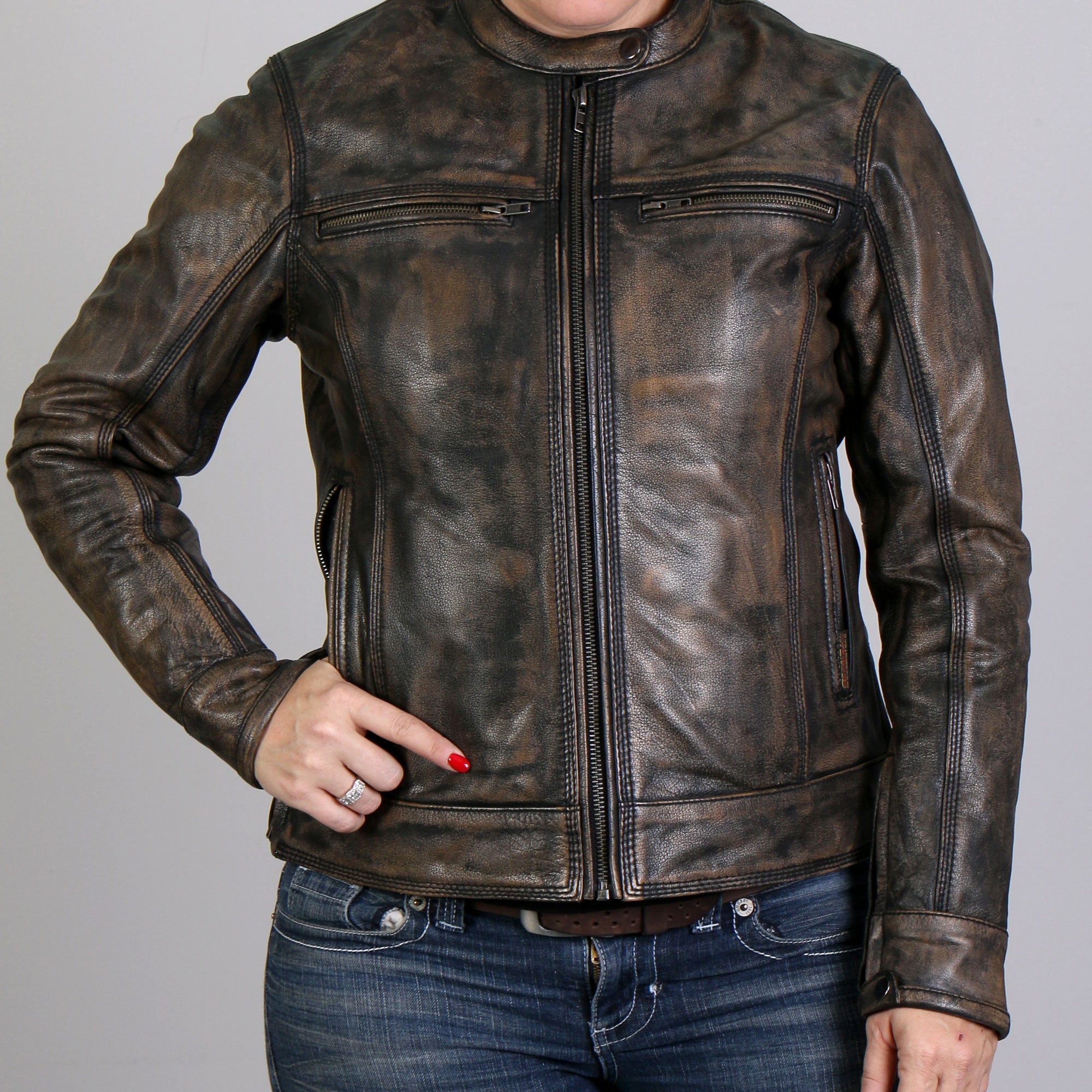JKL1024 Ladies Distressed Brown Motorcycle Leather Biker Jacket with  Concealed carry Pockets