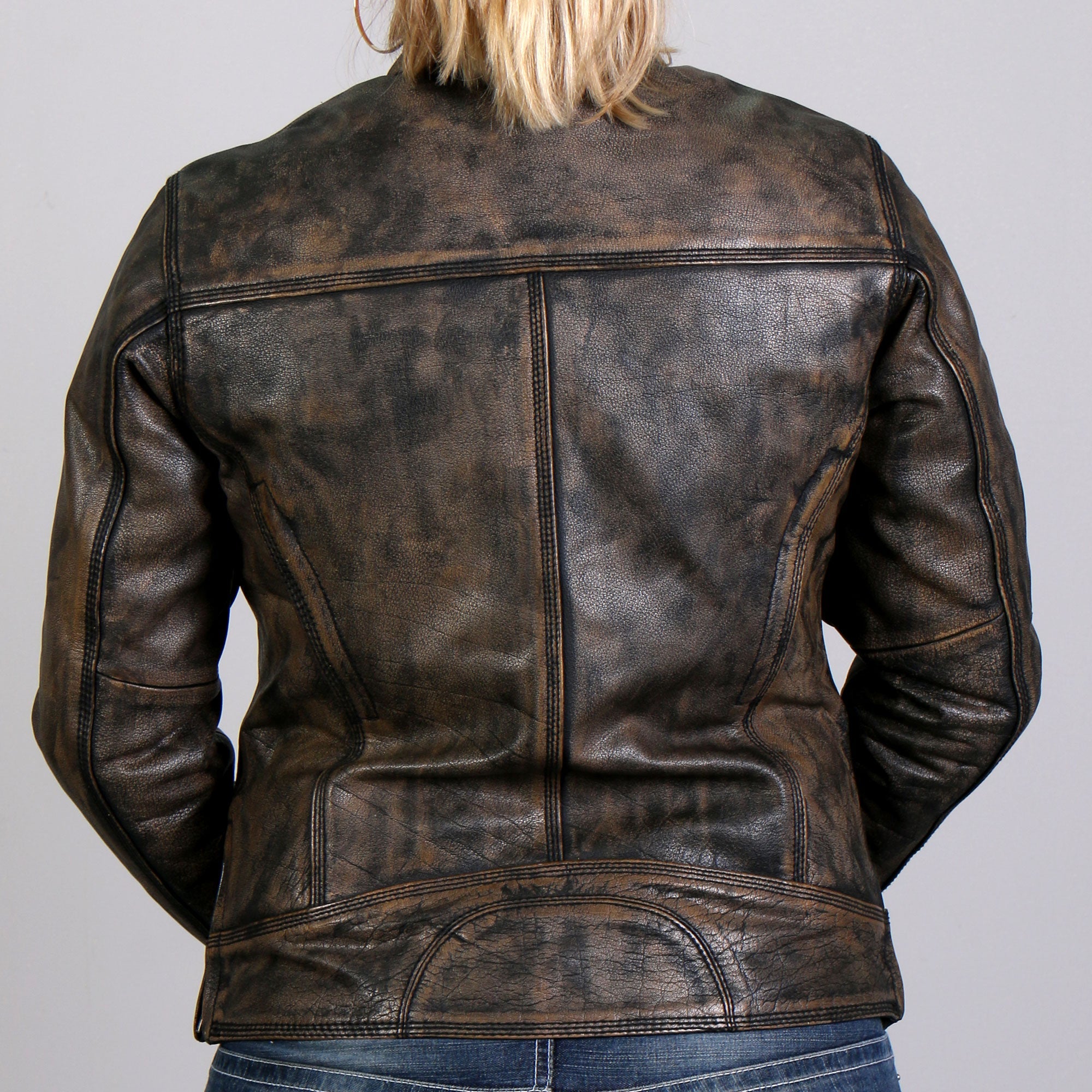 JKL1024 Ladies Distressed Brown Motorcycle Leather Biker Jacket with  Concealed carry Pockets