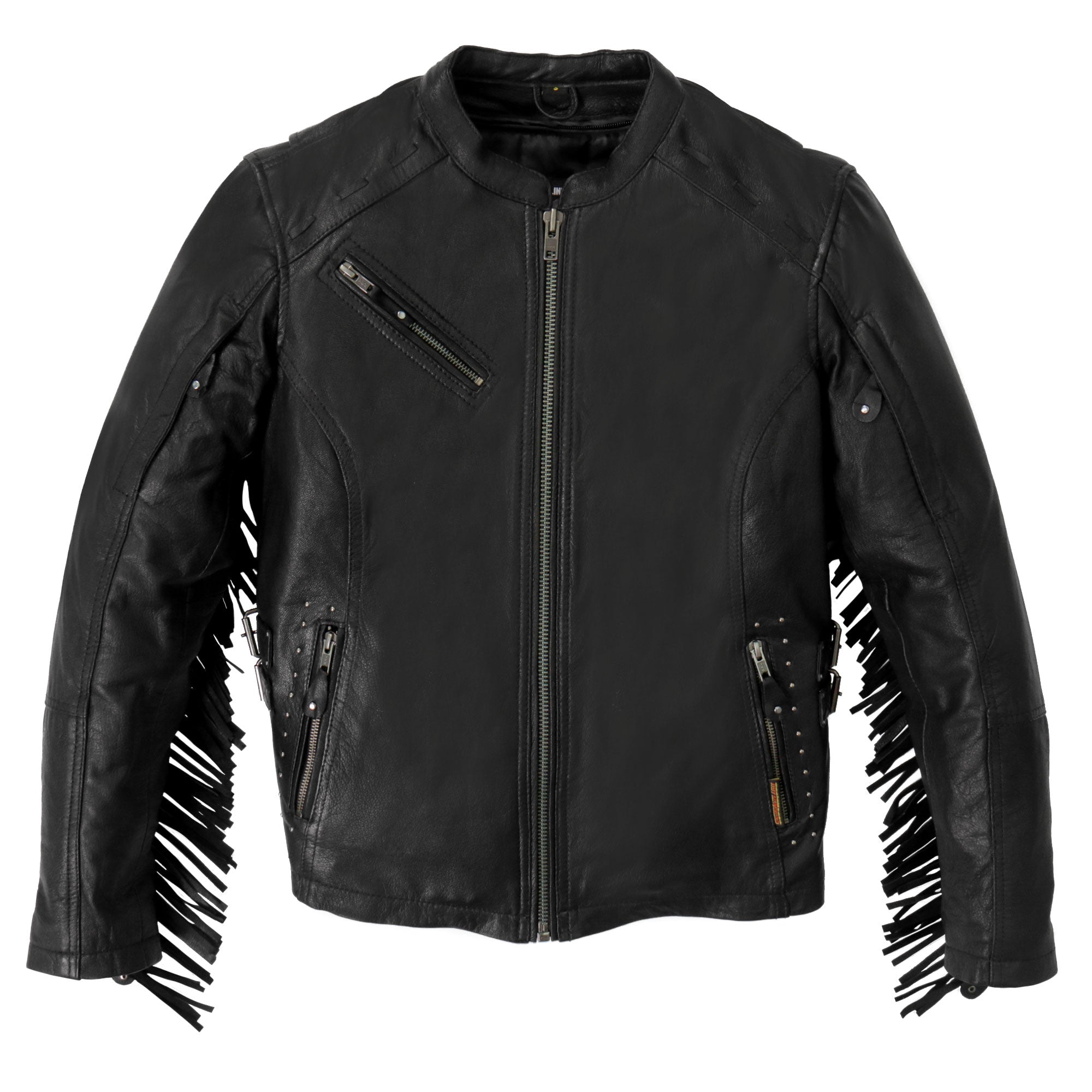 JKL1028 Studs and Fringe Ladies Black Motorcycle style Carry Conceal Leather Biker Jacket