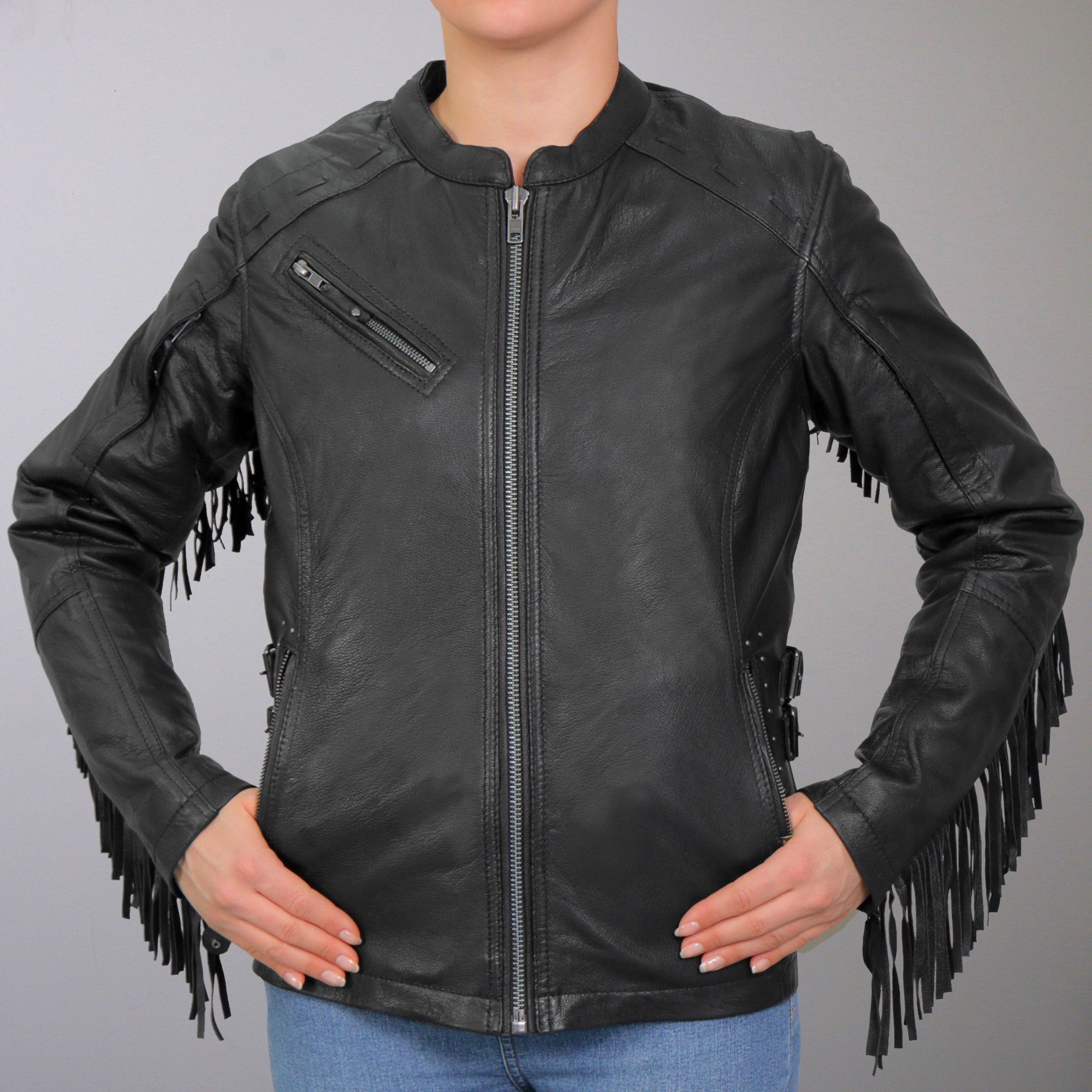 JKL1028 Studs and Fringe Ladies Black Motorcycle style Carry Conceal Leather Biker Jacket