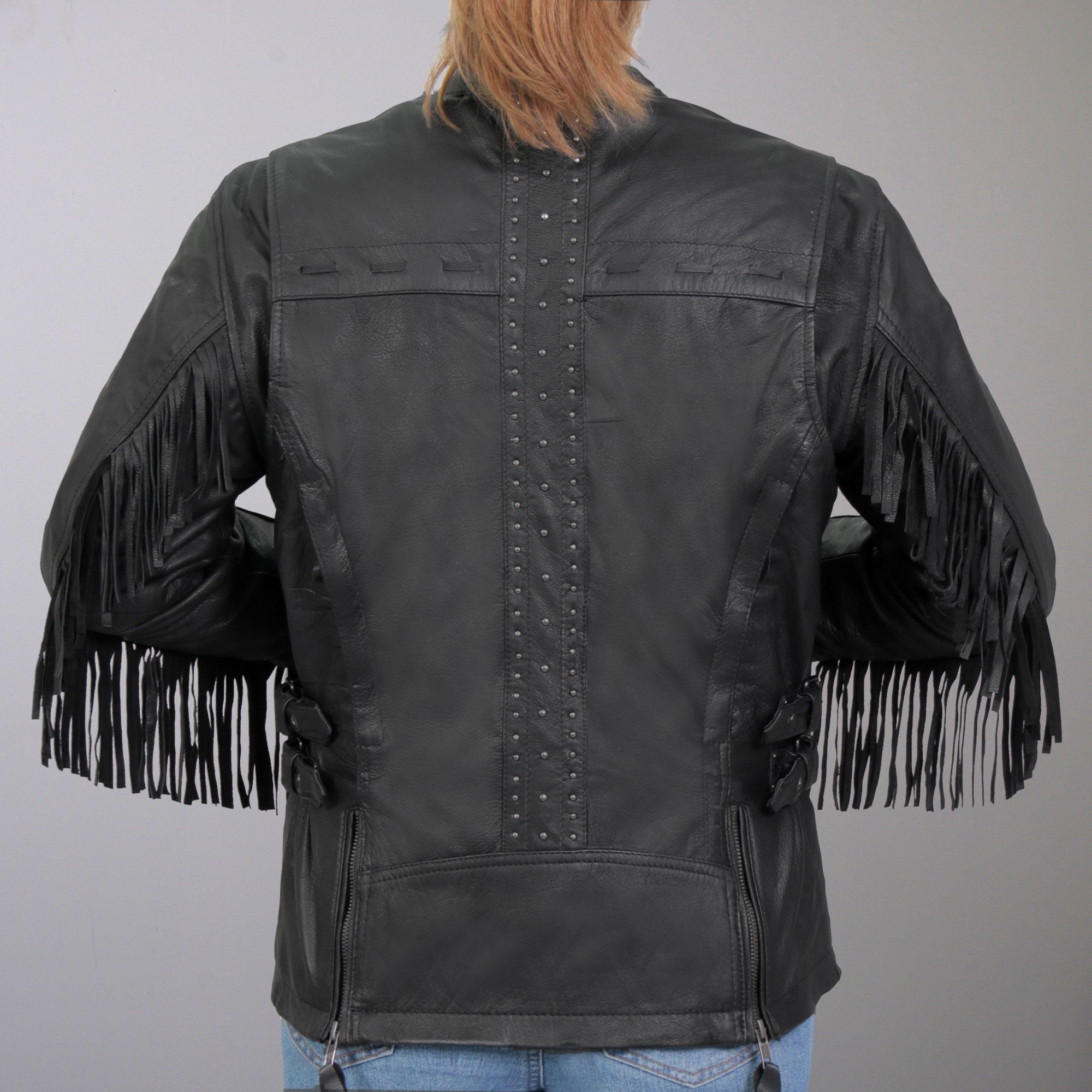 JKL1028 Studs and Fringe Ladies Black Motorcycle style Carry Conceal Leather Biker Jacket