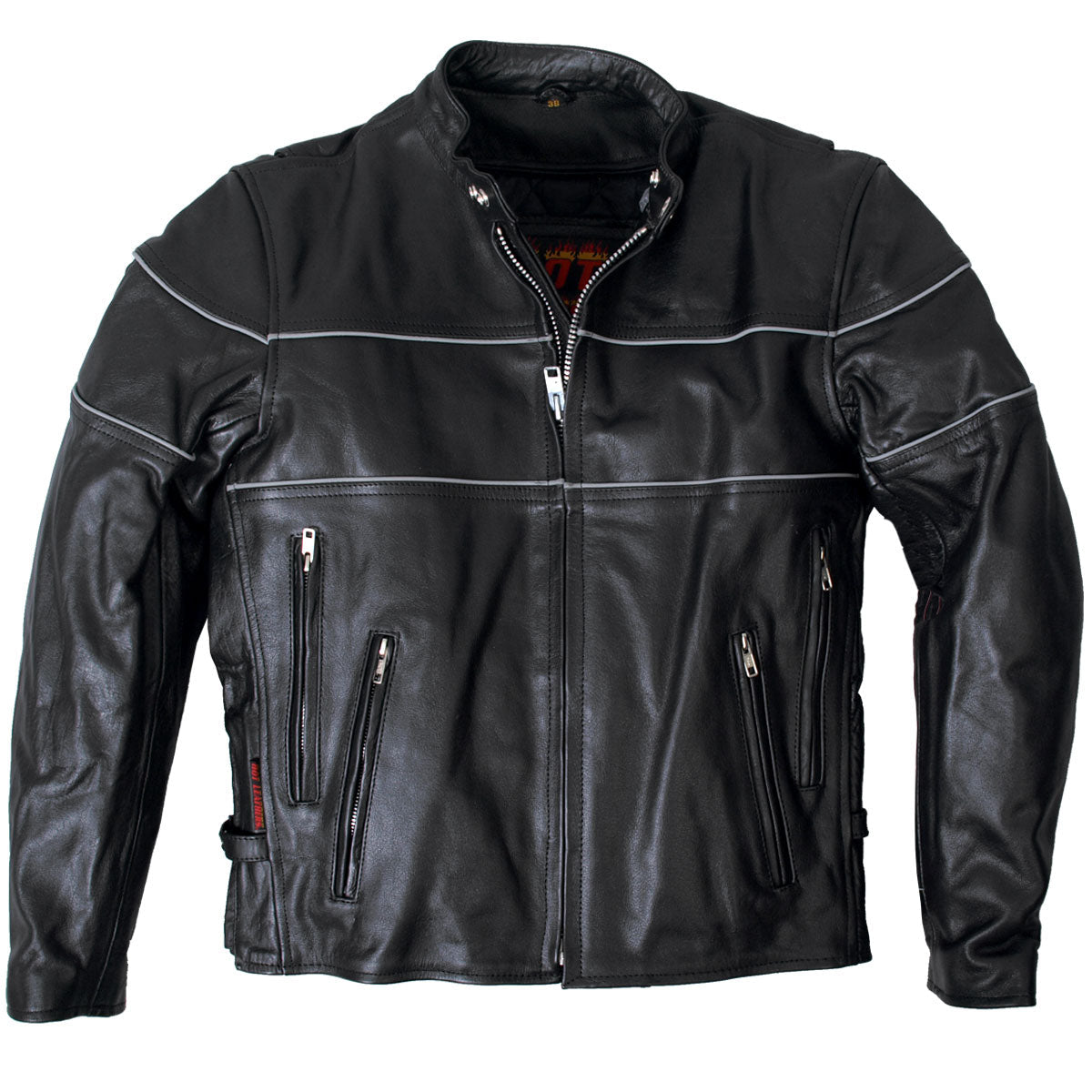 JKM1004 Men's Leather Motorcycle Vented Scooter Biker Jacket with Reflective Piping