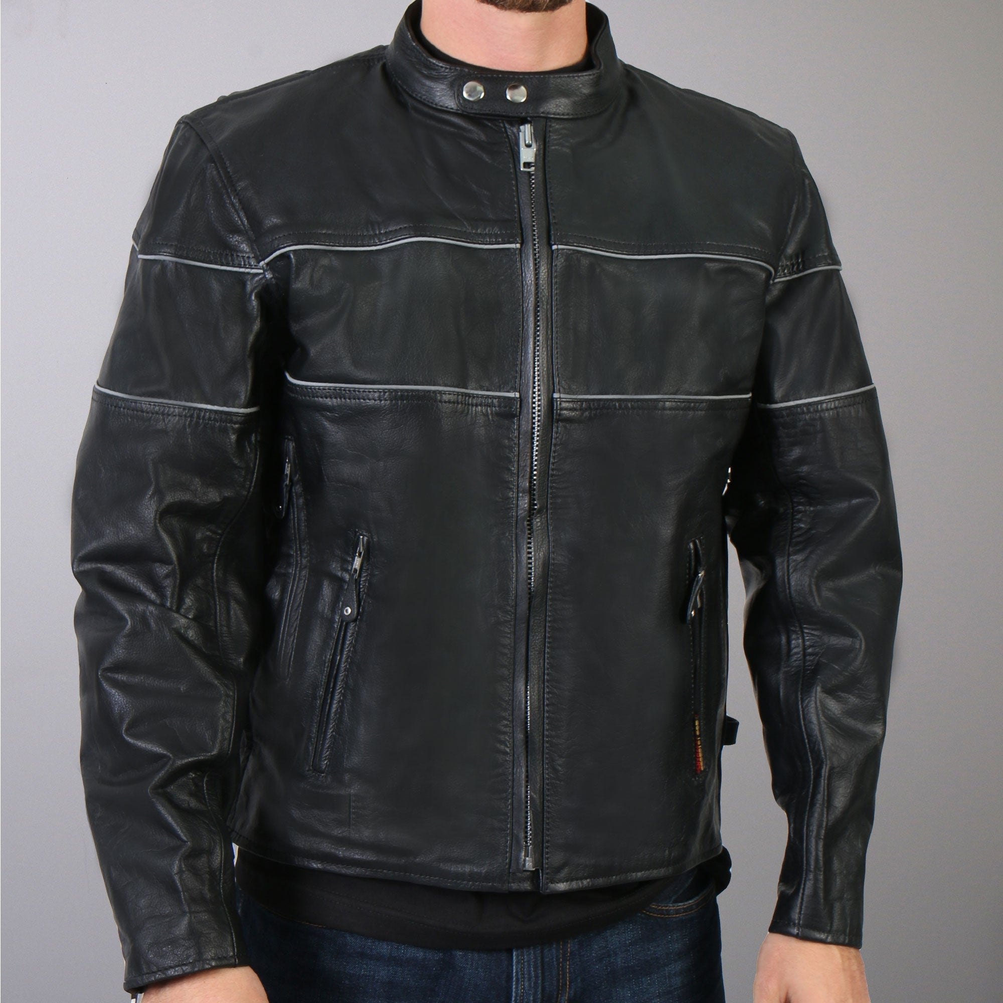 JKM1004 Men's Leather Motorcycle Vented Scooter Biker Jacket with Reflective Piping
