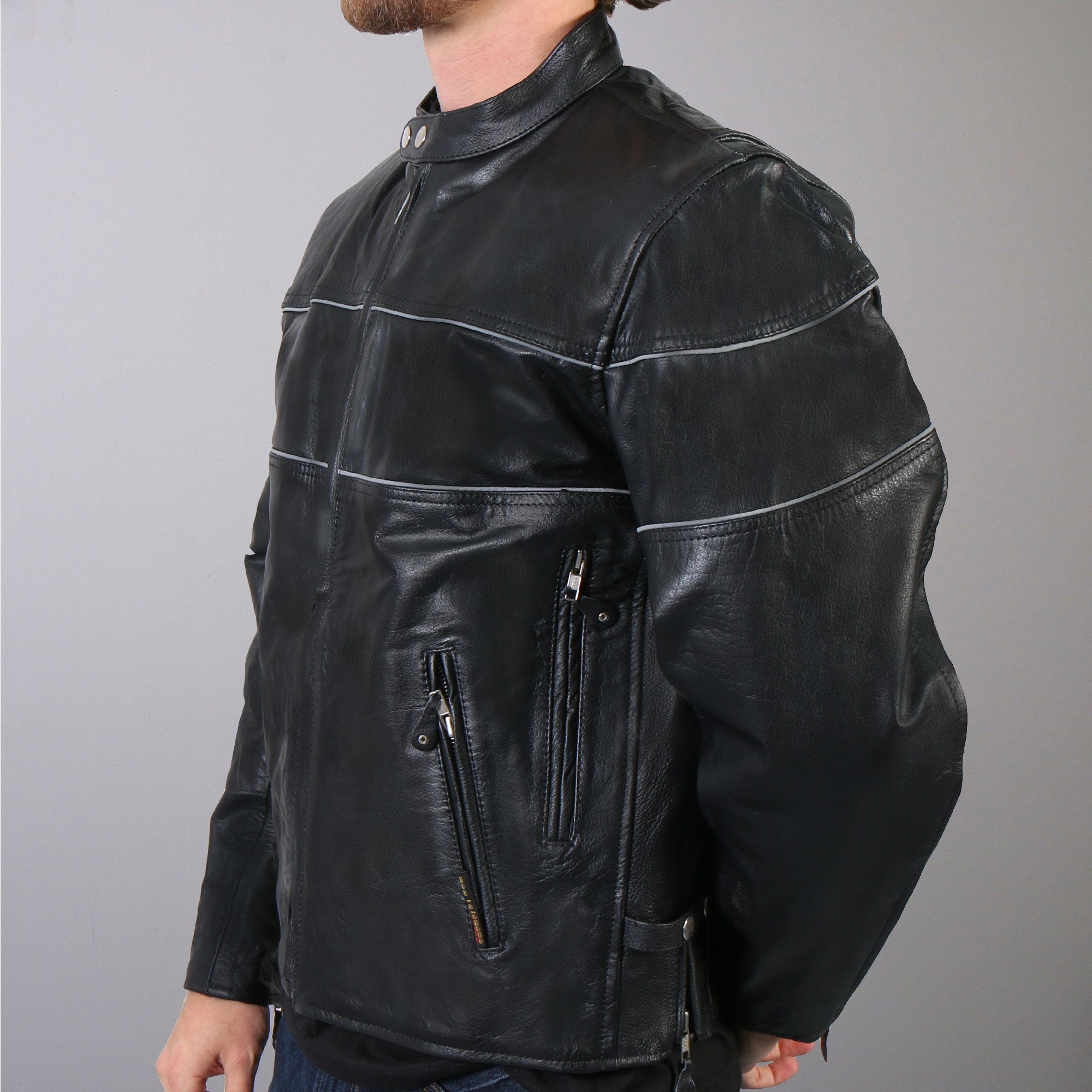 JKM1004 Men's Leather Motorcycle Vented Scooter Biker Jacket with Reflective Piping