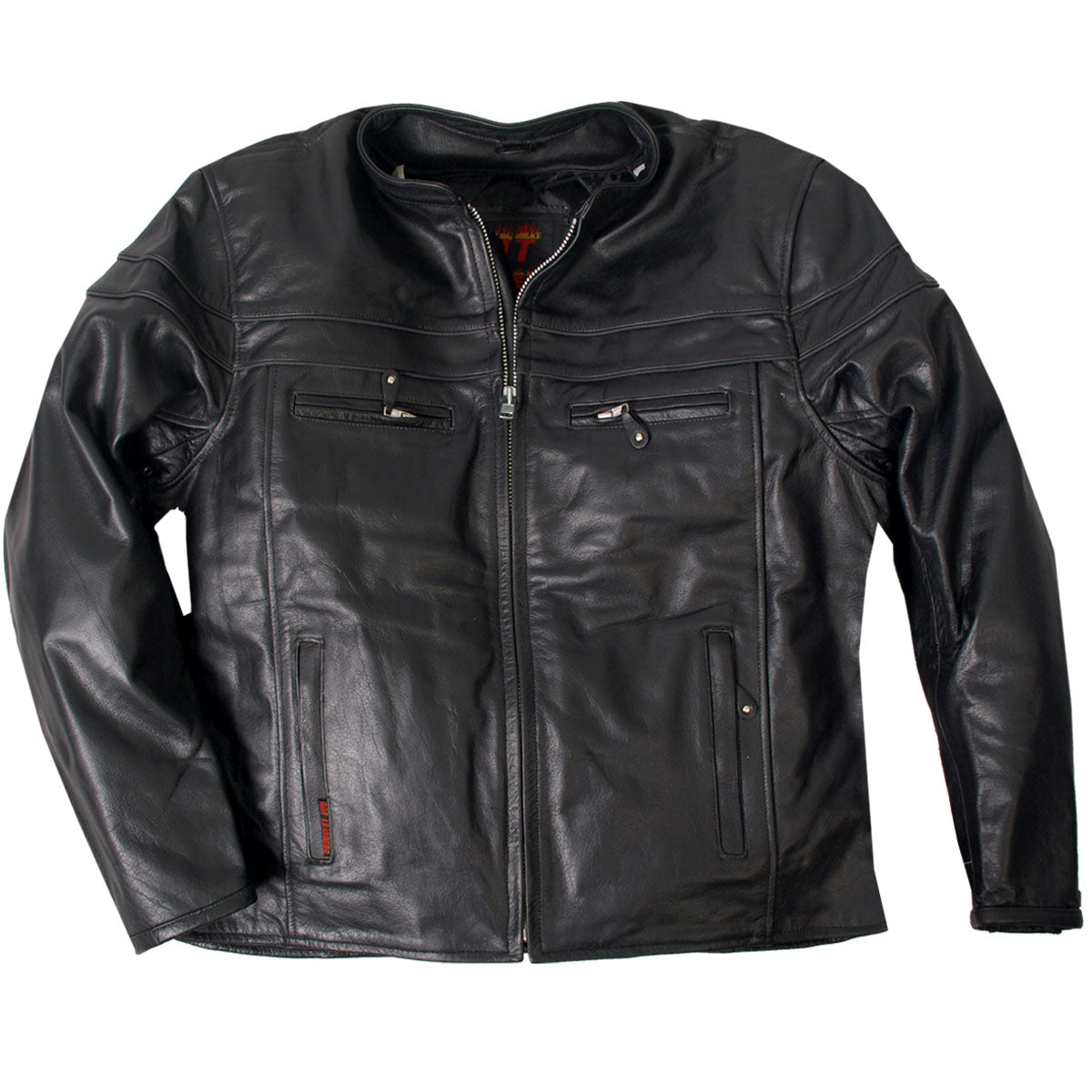 JKM1011 Men's Black Leather Vented Motorcycle Racer Jacket with Double Piping