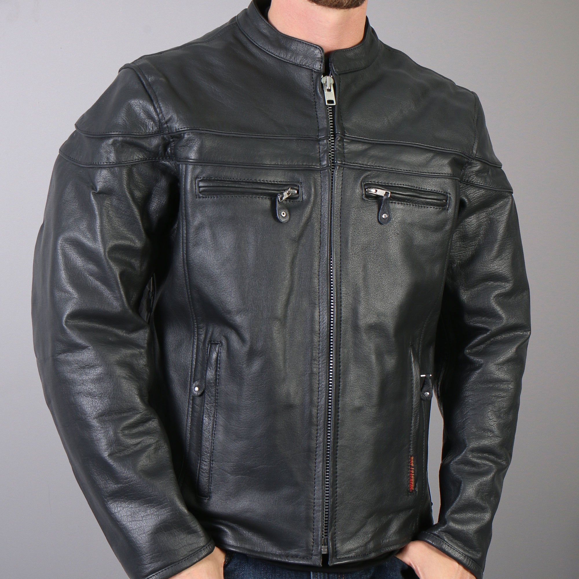 JKM1011 Men's Black Leather Vented Motorcycle Racer Jacket with Double Piping