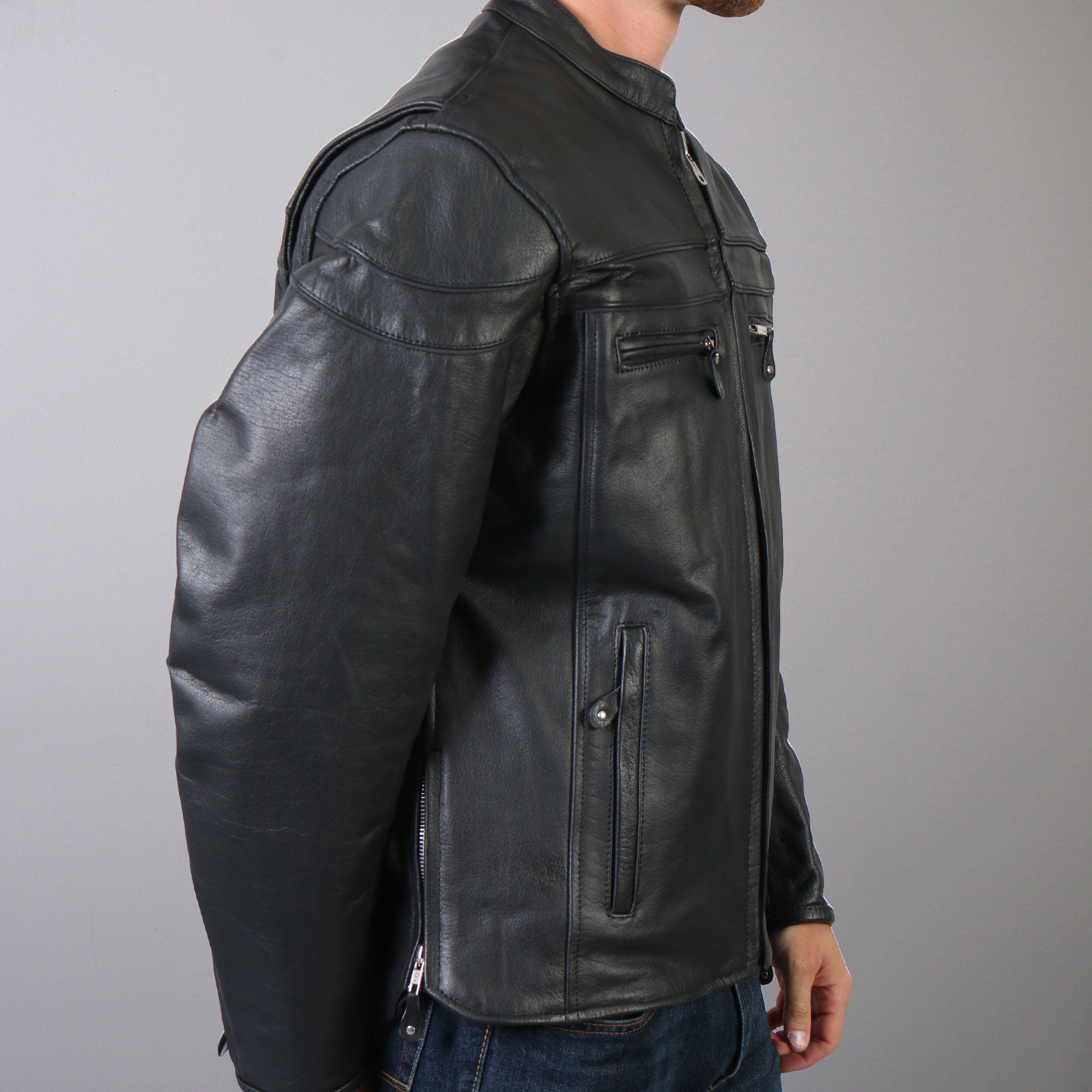 JKM1011 Men's Black Leather Vented Motorcycle Racer Jacket with Double Piping
