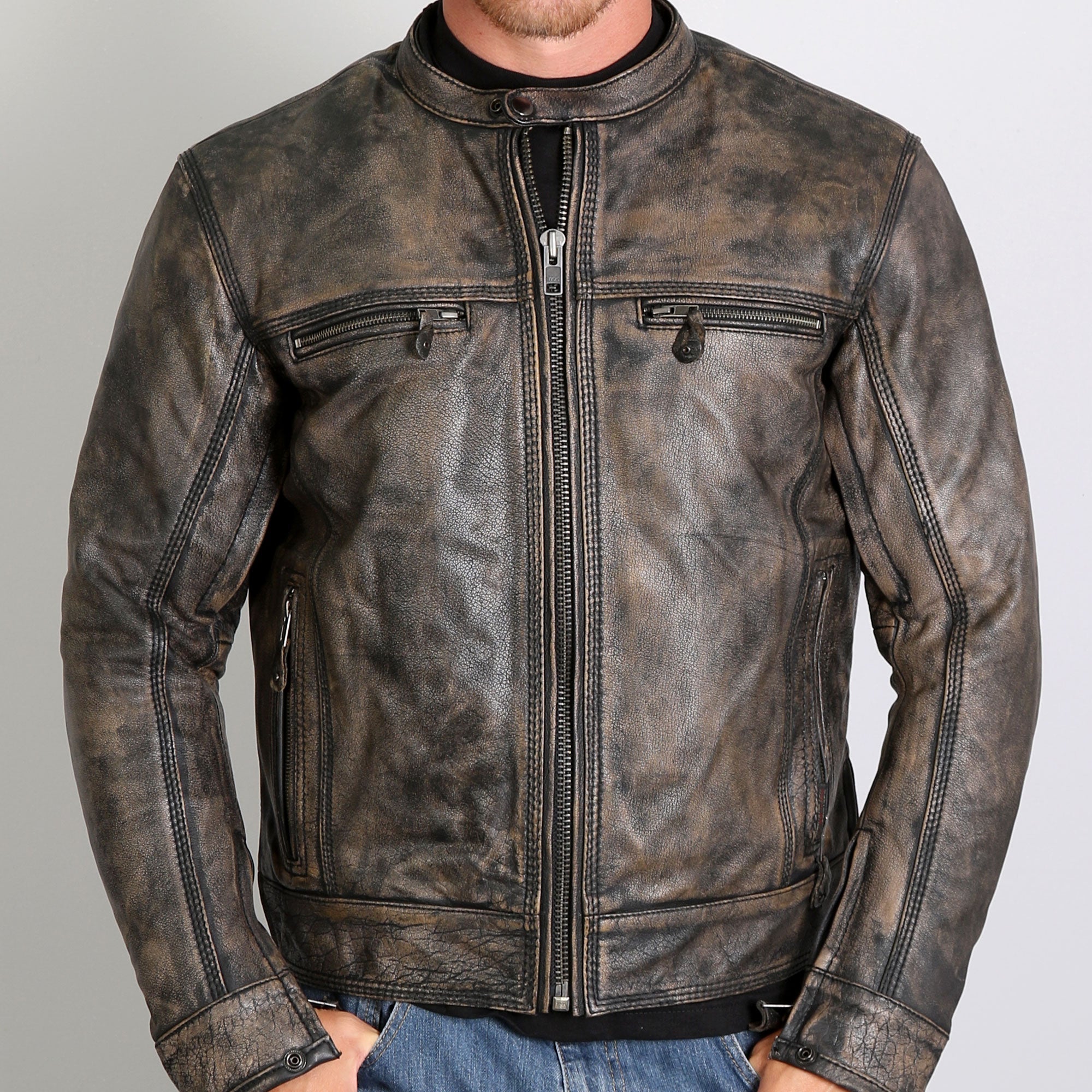 JKM1019 Men's Distressed Brown Leather Motorcycle Biker Jacket with Gun Pockets