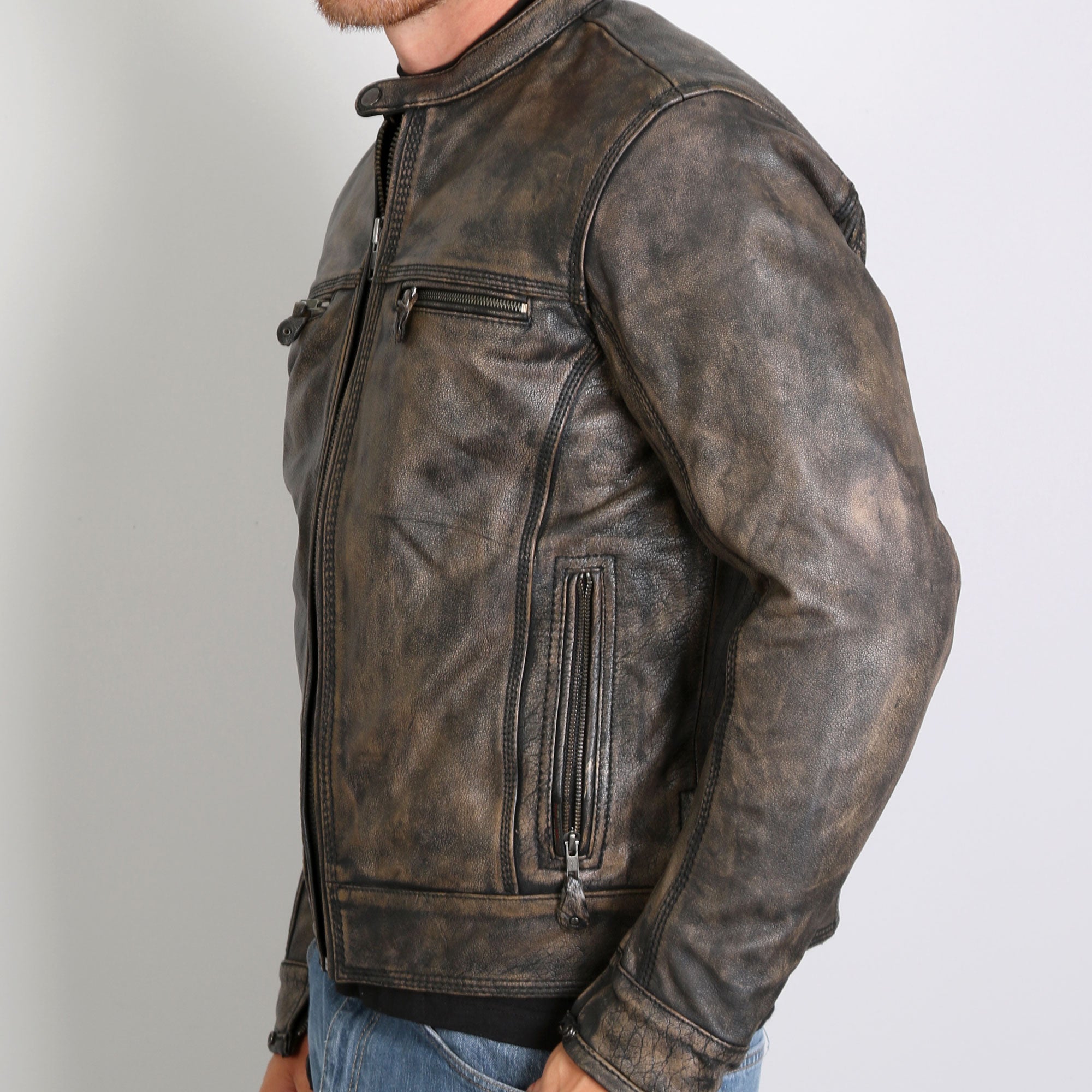 JKM1019 Men's Distressed Brown Leather Motorcycle Biker Jacket with Gun Pockets