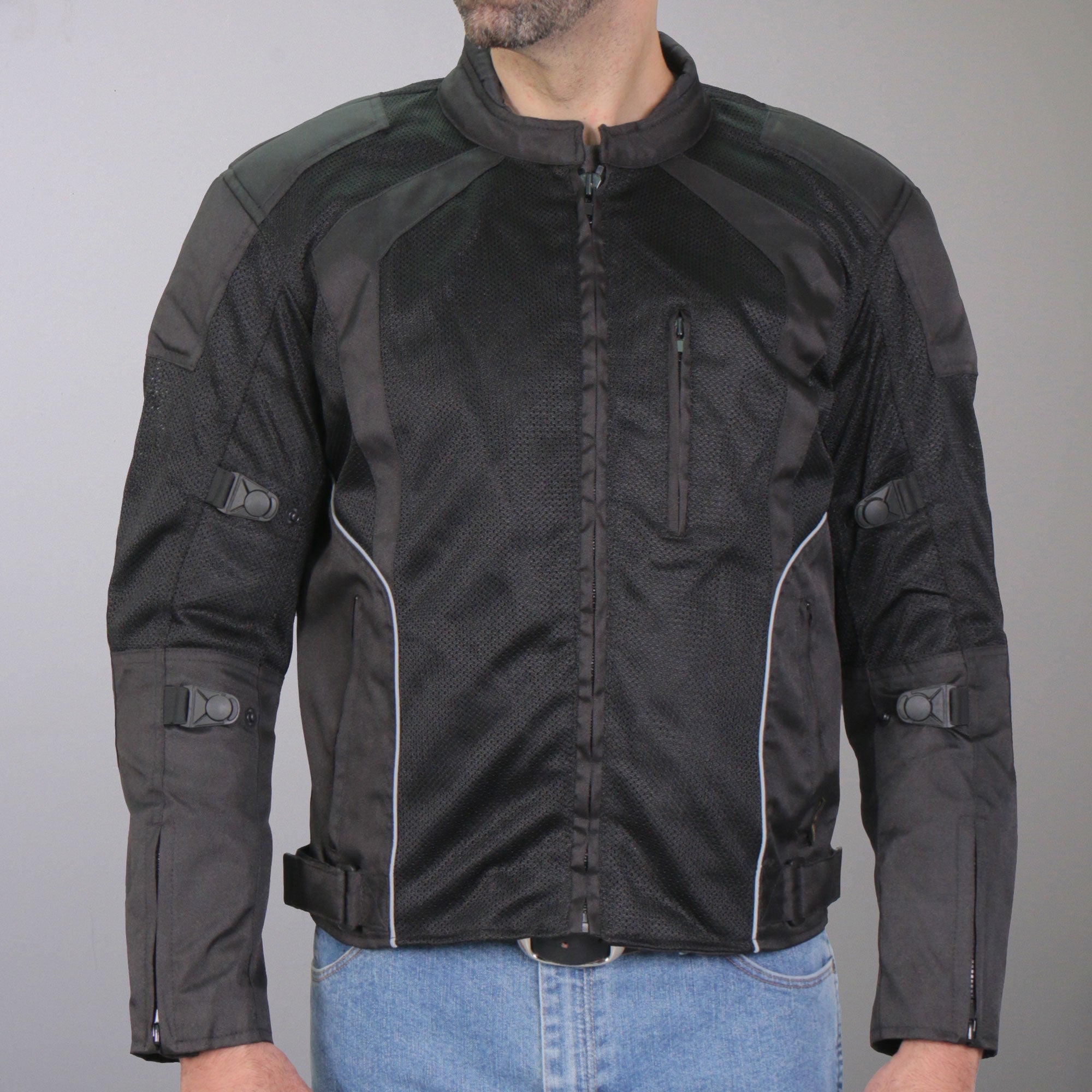 JKM1025 Men’s Black Biker Armored Nylon Mesh Motorcycle Jacket with Reflective Piping and Concealed Carry Pocket