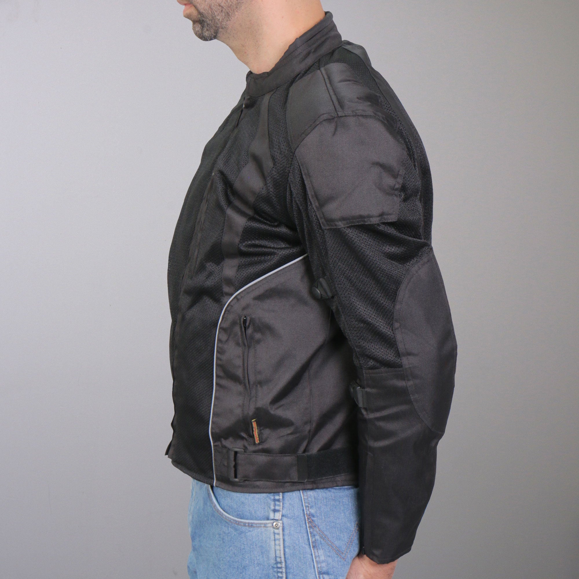 JKM1025 Men’s Black Biker Armored Nylon Mesh Motorcycle Jacket with Reflective Piping and Concealed Carry Pocket