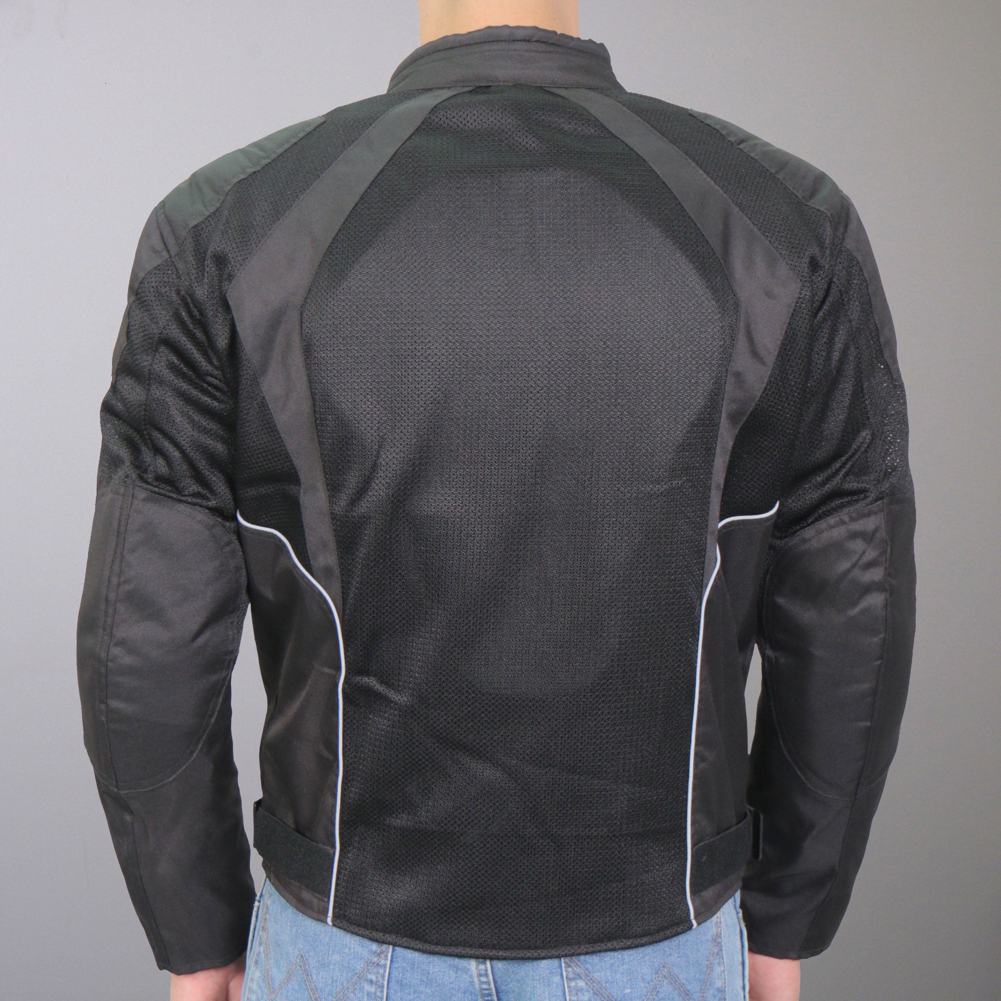 JKM1025 Men’s Black Biker Armored Nylon Mesh Motorcycle Jacket with Reflective Piping and Concealed Carry Pocket