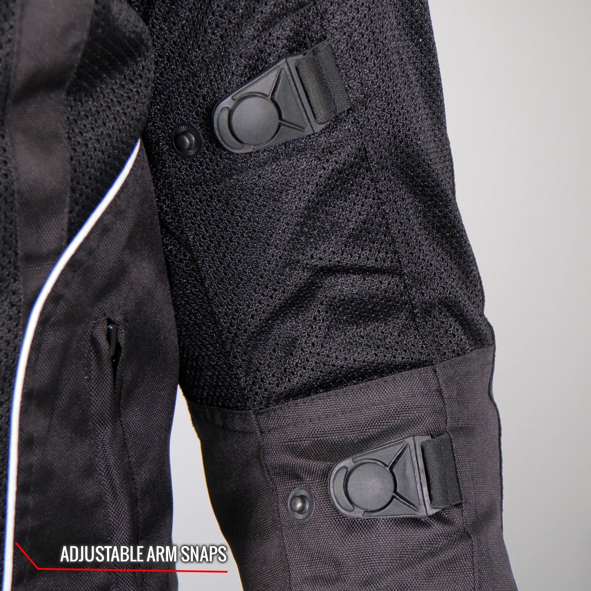 JKM1025 Men’s Black Biker Armored Nylon Mesh Motorcycle Jacket with Reflective Piping and Concealed Carry Pocket