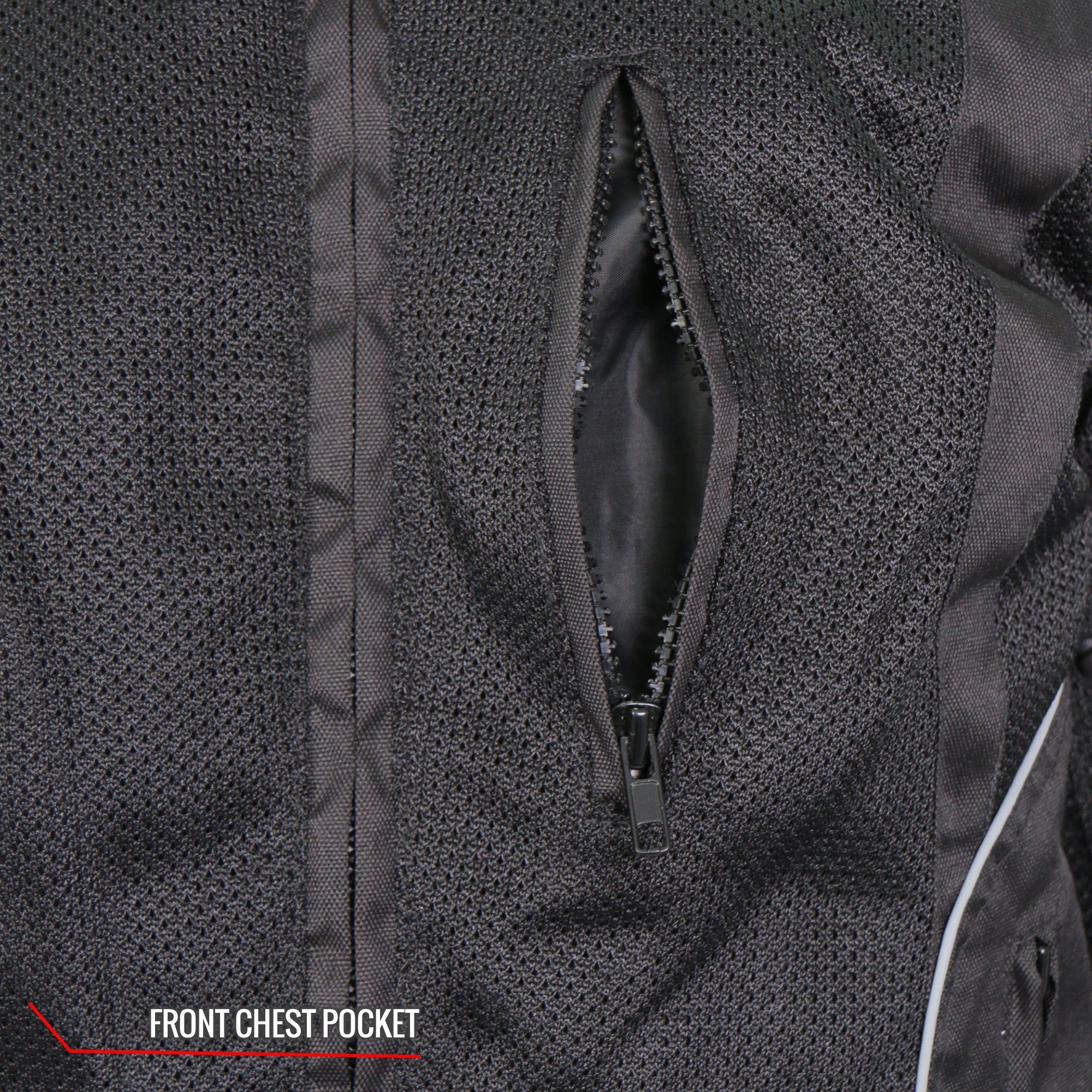 JKM1025 Men’s Black Biker Armored Nylon Mesh Motorcycle Jacket with Reflective Piping and Concealed Carry Pocket