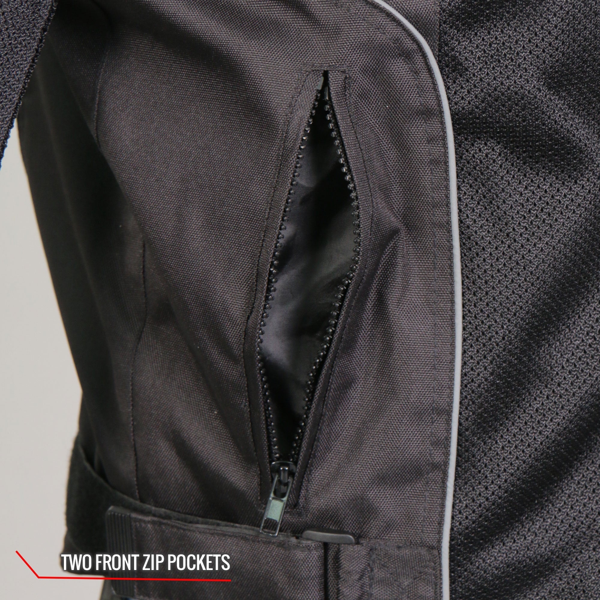 JKM1025 Men’s Black Biker Armored Nylon Mesh Motorcycle Jacket with Reflective Piping and Concealed Carry Pocket