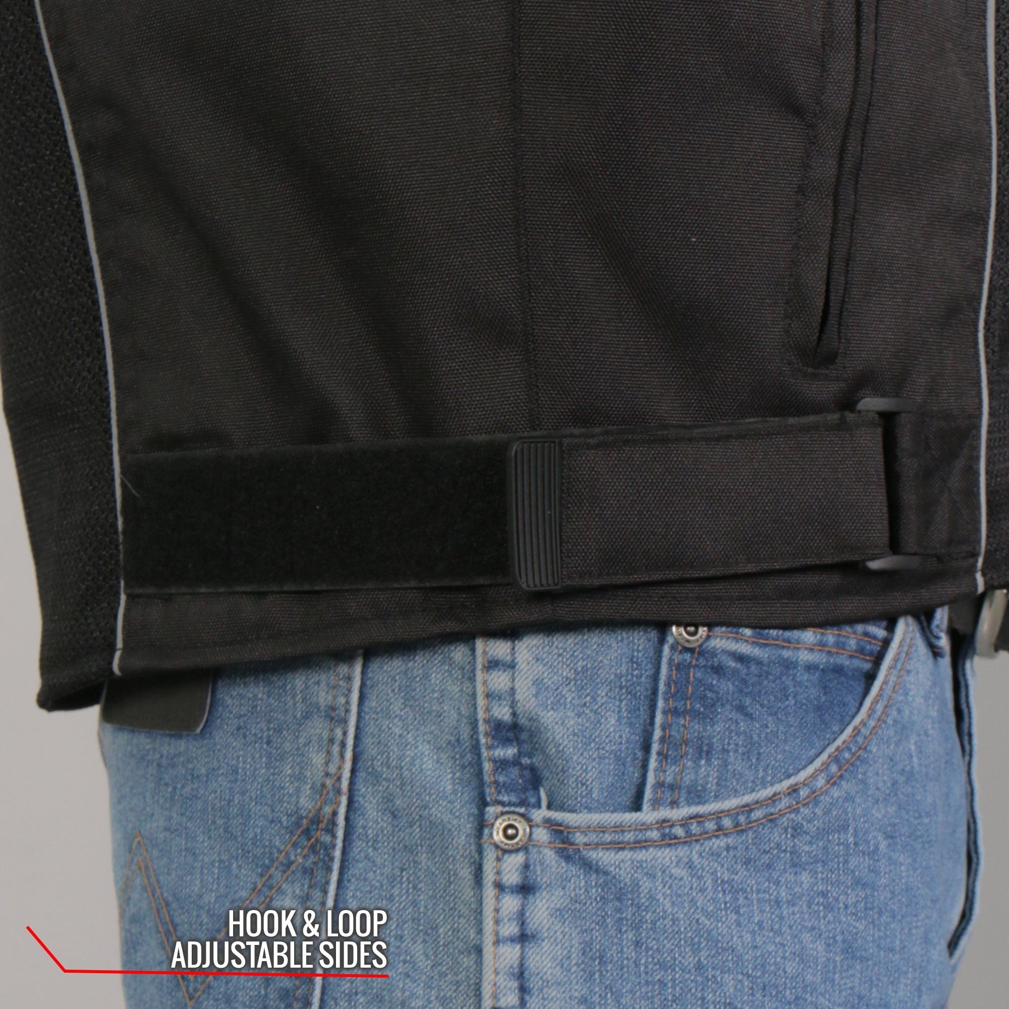 JKM1025 Men’s Black Biker Armored Nylon Mesh Motorcycle Jacket with Reflective Piping and Concealed Carry Pocket