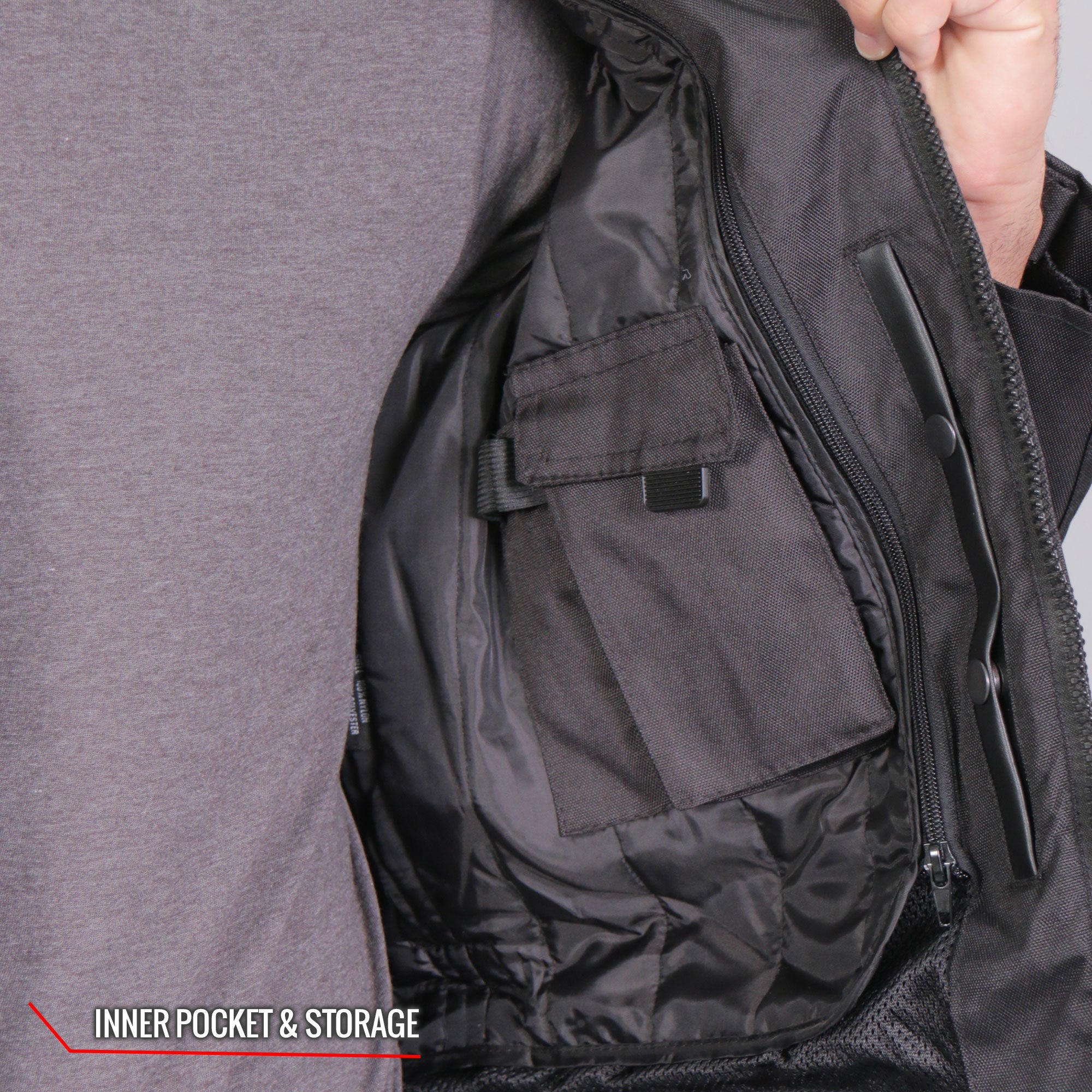 JKM1025 Men’s Black Biker Armored Nylon Mesh Motorcycle Jacket with Reflective Piping and Concealed Carry Pocket