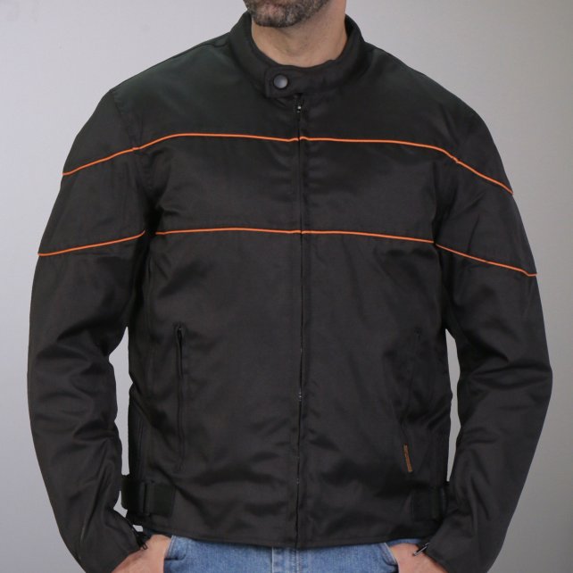 JKM1026 Men’s Black Motorcycle style Nylon Biker Jacket with Orange Reflective Trim